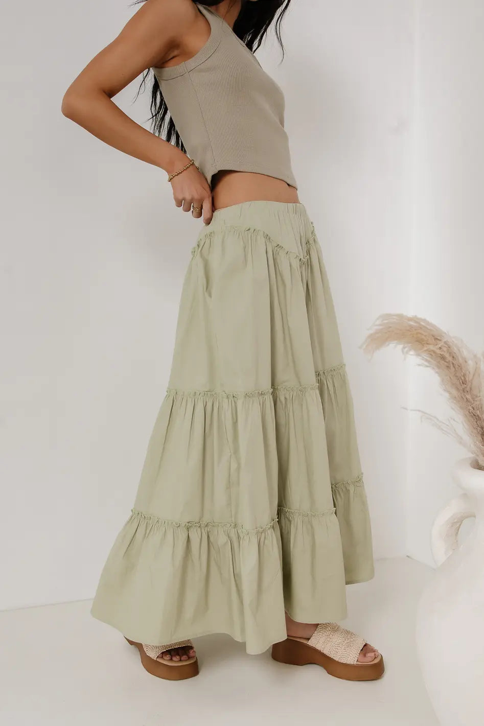 Layana Women's Flowy Sage Green Tiered Maxi Skirt - Boho Chic Long Skirt for Summer, Beach, Vacations & Casual Outings