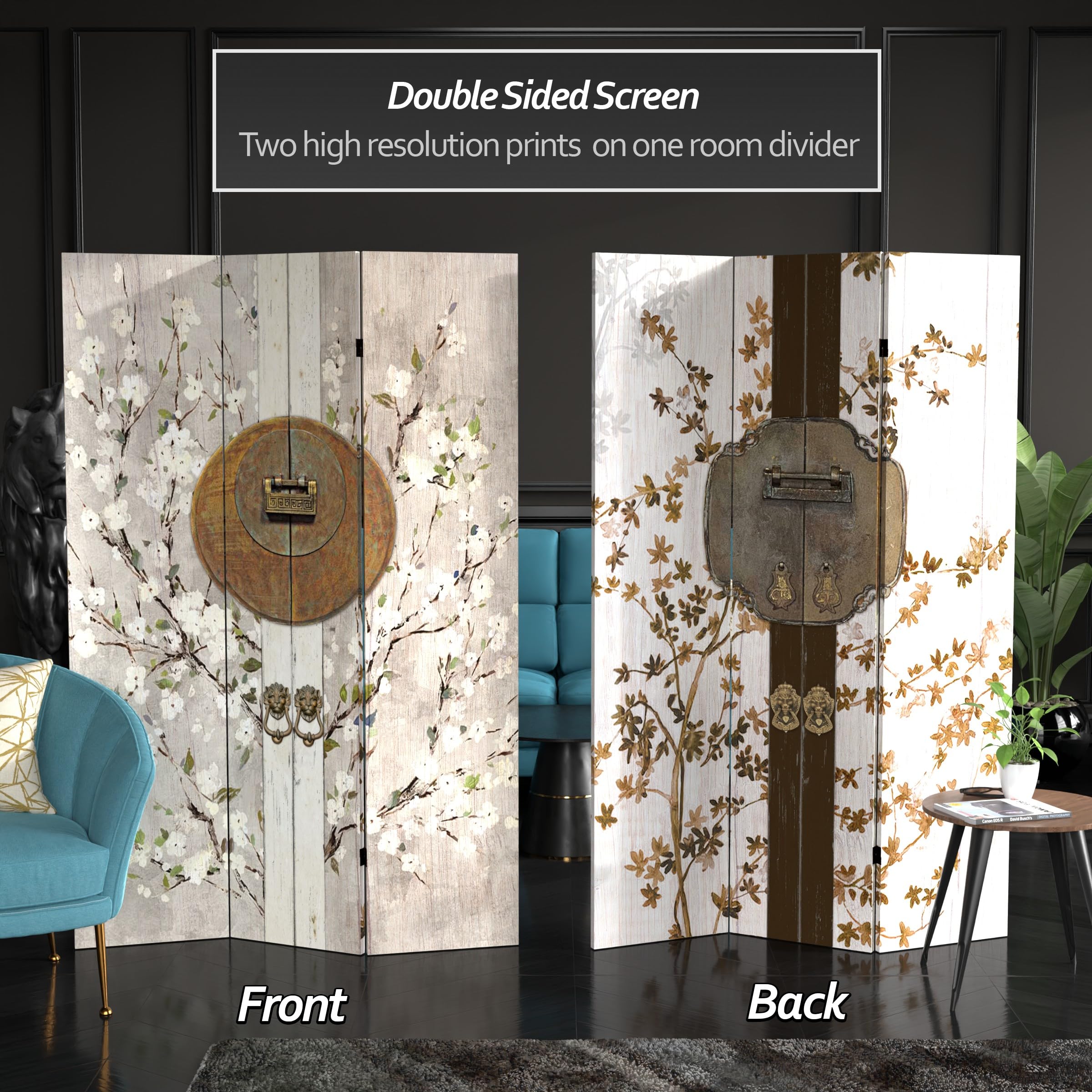 6 ft. Tall Double Sided Asian Style Red Lantern Canvas Room Divider - Ivory Home Decor for Living Room, Bedroom & Office Partition