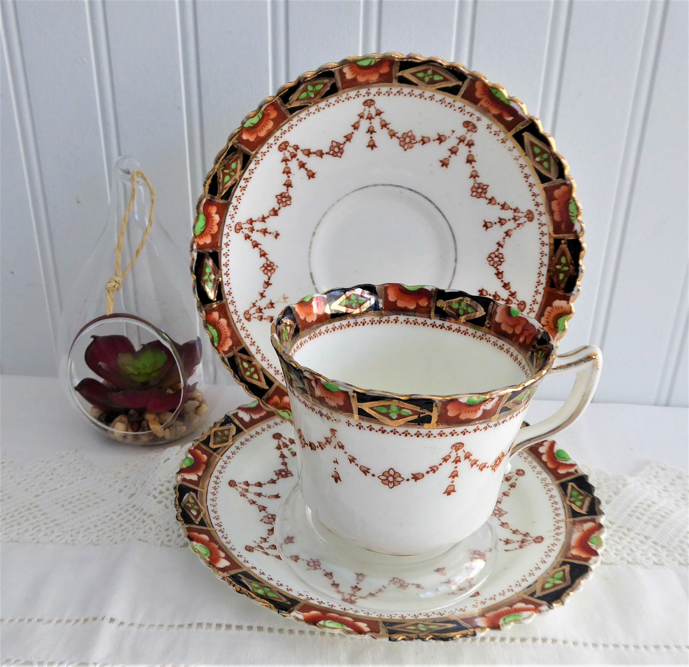 Antique Imari Sevres Teacup Trio Set - Victorian Era Bone China (1880-1890s) - Downton Abbey Style - Perfect for Afternoon Tea, Collecting & Home Decor