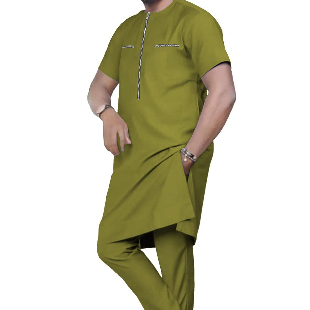 **Men's African Dashiki Tracksuit Set - Cotton Vintage Slim Fit Tops & Pants, Short Sleeve Tunic Shirt Outfit for Casual Wear, Street Style & Cultural Events**