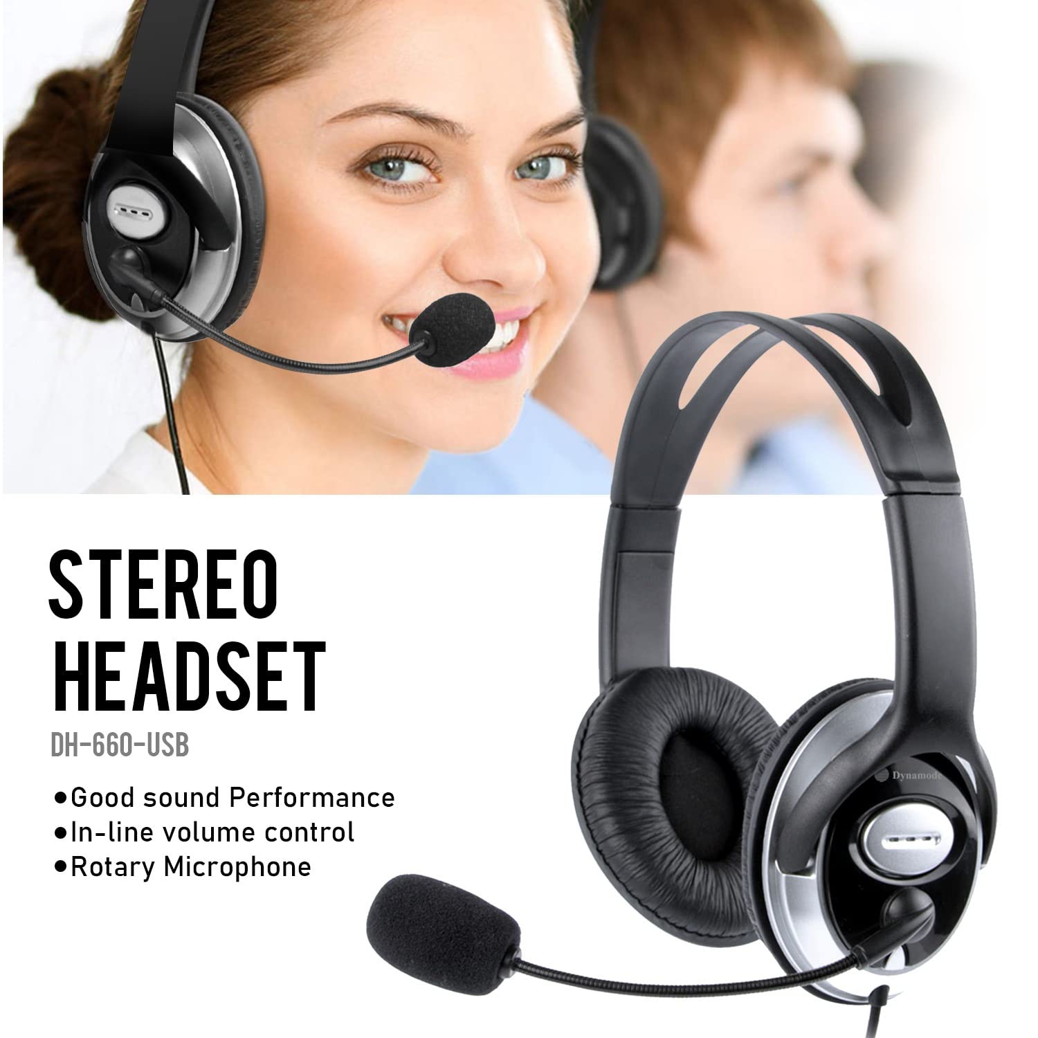Dynamode USB Wired Headset with Microphone - Noise Cancelling Adjustable Computer Headphones for Gaming, Office, Work - 1.7m Cable for PC, Laptop, Chat, Calls & Streaming (Black) - Perfect for Remote Work, Online Classes & Conference Calls