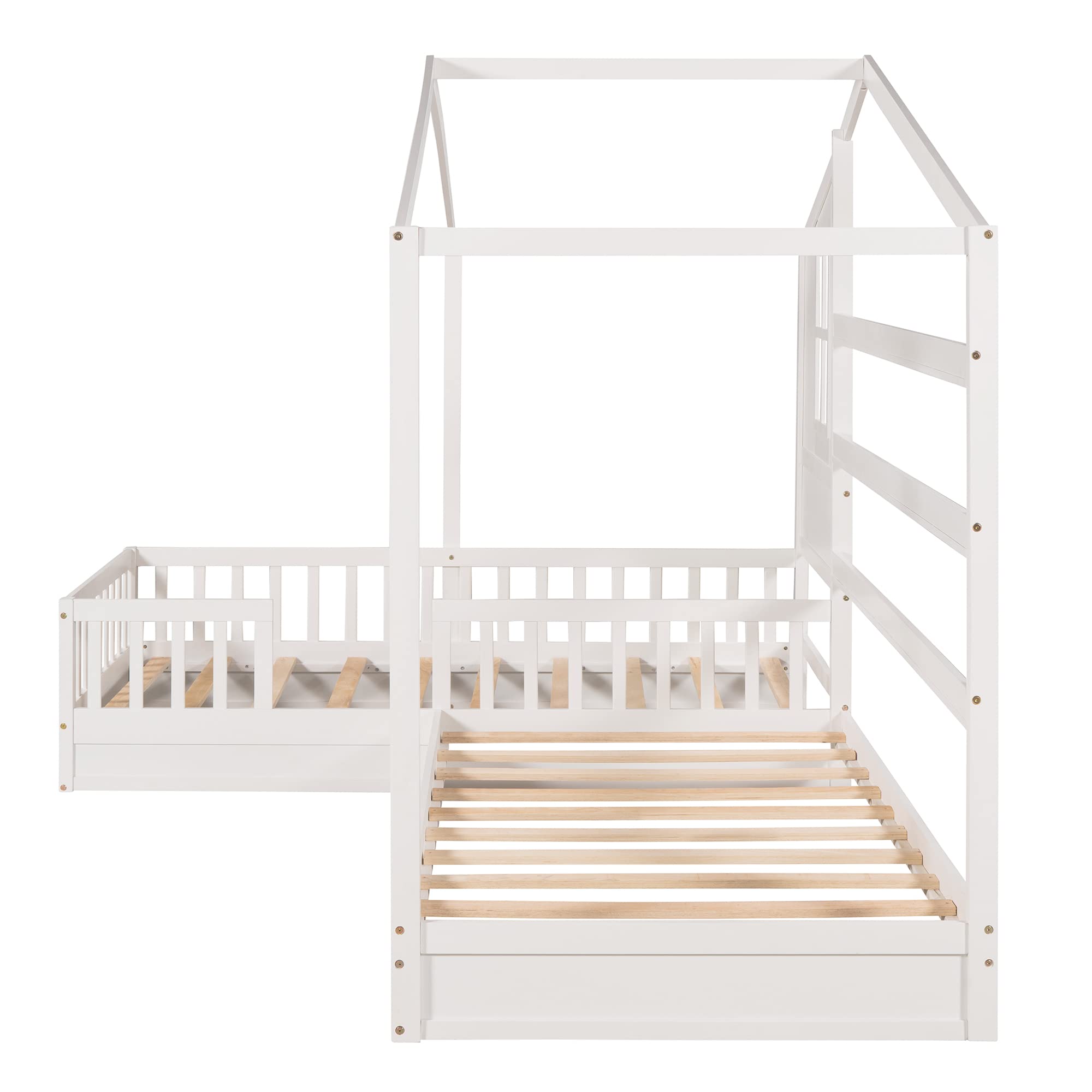 MERITLINE L-Shaped Twin House Bed for 2 Kids - Wooden Double Bunk Beds with Safety Fence & Playhouse Roof - Space-Saving Corner Bedroom Furniture - No Box Spring Needed (White) - Perfect for Kids' Rooms, Shared Bedrooms & Play Areas