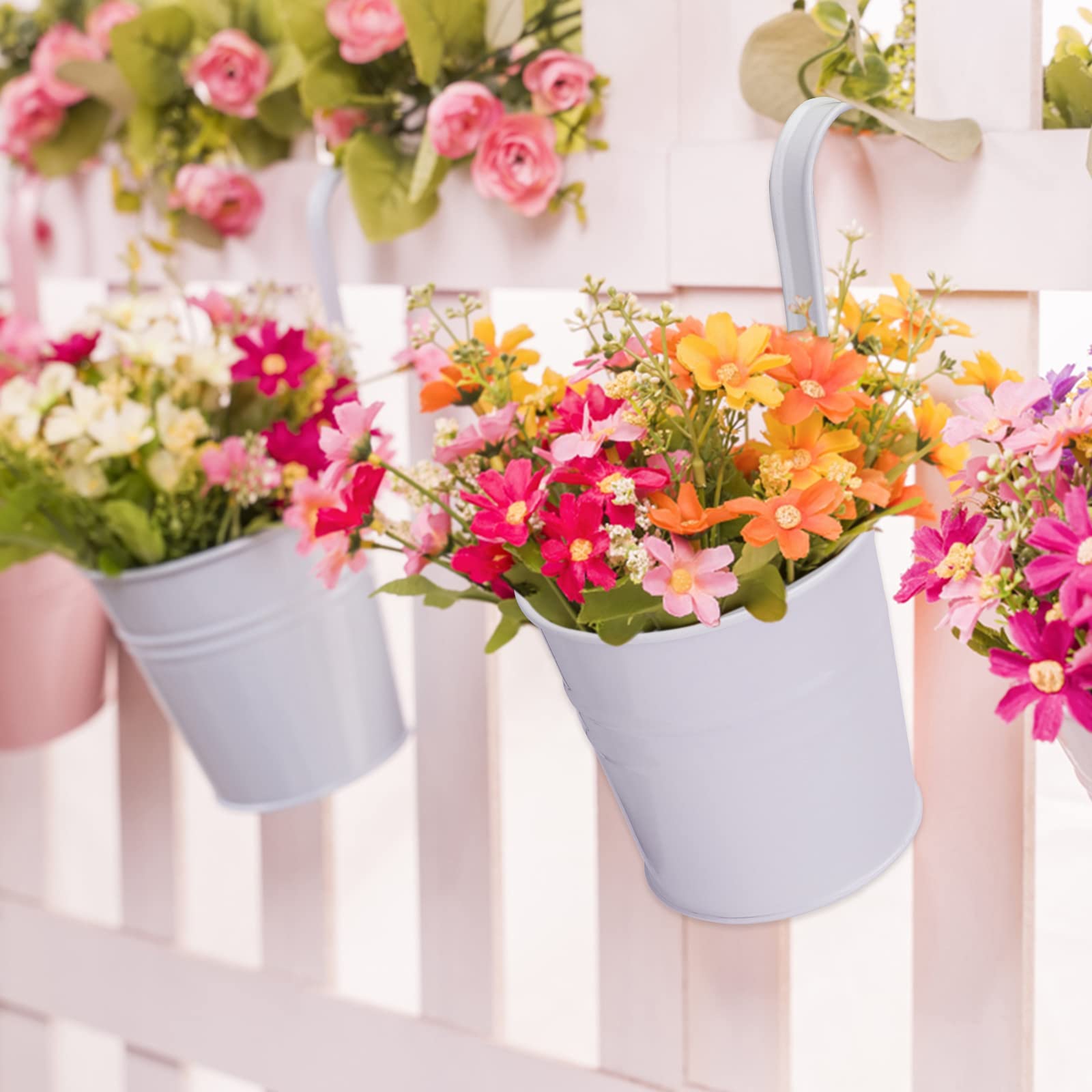 KINGLAKE 10-Pack White Metal Hanging Flower Pots with Detachable Hooks - 4 Inch Iron Planters for Balcony, Garden, Fence & Indoor Decor - Perfect for Herbs, Succulents & Small Flowers