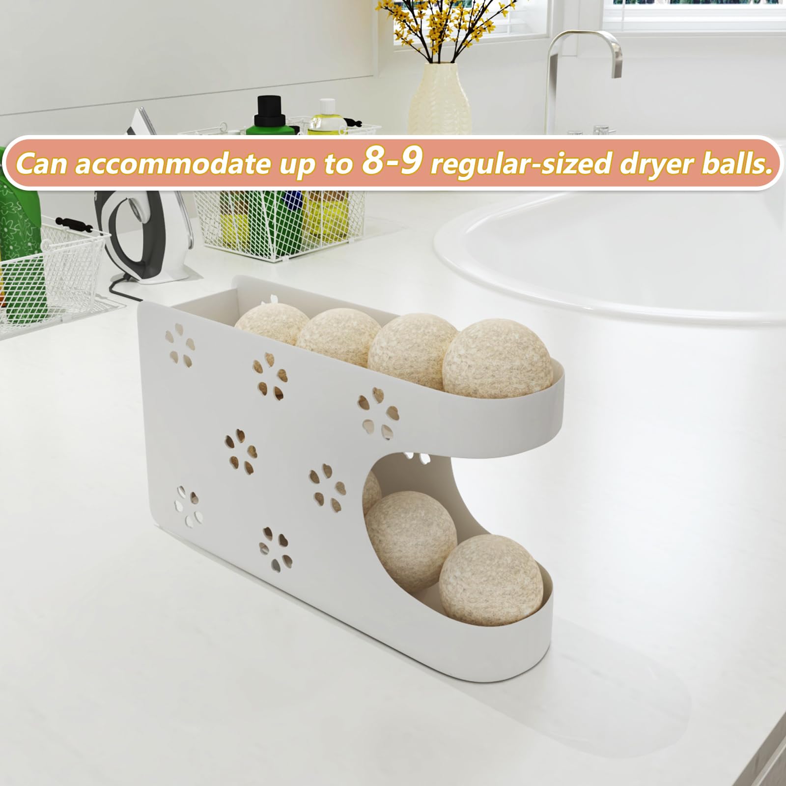 Magnetic Dryer Ball Holder for Laundry Room - Automatic Dryer Ball Roller Chute Container & Organizer - White Dryer Ball Storage Basket (No Balls Included) - Perfect for Organizing Laundry Room & Keeping Dryer Balls Handy