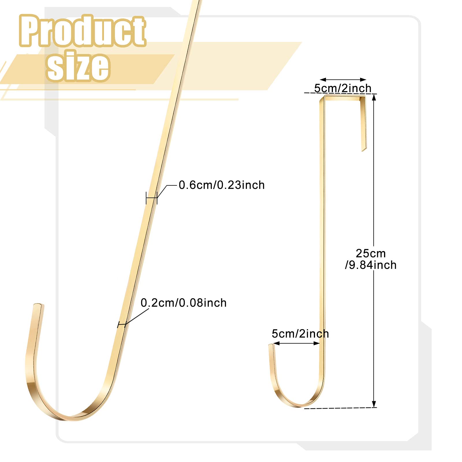 15 Inch Wreath Hanger Hooks - Over Door Metal Hooks for Christmas Decor, Towels & Clothes - Champagne (6 Pack) - Perfect for Front Door, Fireplace & Holiday Home Decor