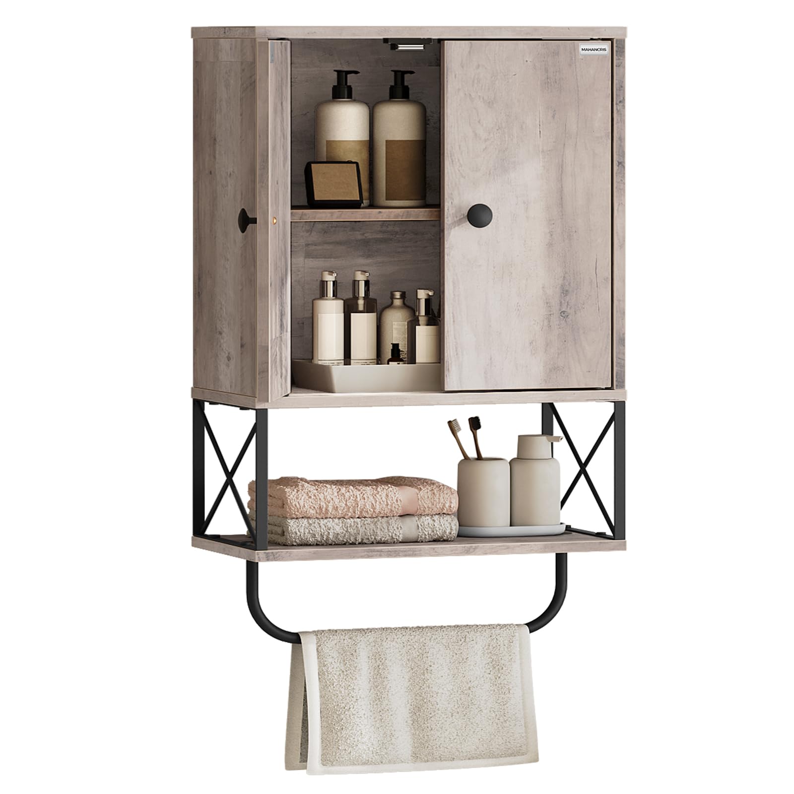 MAHANCRIS 2-Door Bathroom Wall Cabinet with Adjustable Shelves, Farmhouse Medicine Cabinet with Towel Rack - 3-Tier Over The Toilet Storage Organizer for Bathroom, Laundry Room & Small Spaces - Greige Finish - Perfect for Organizing Toiletries, Towels & Cleaning Supplies