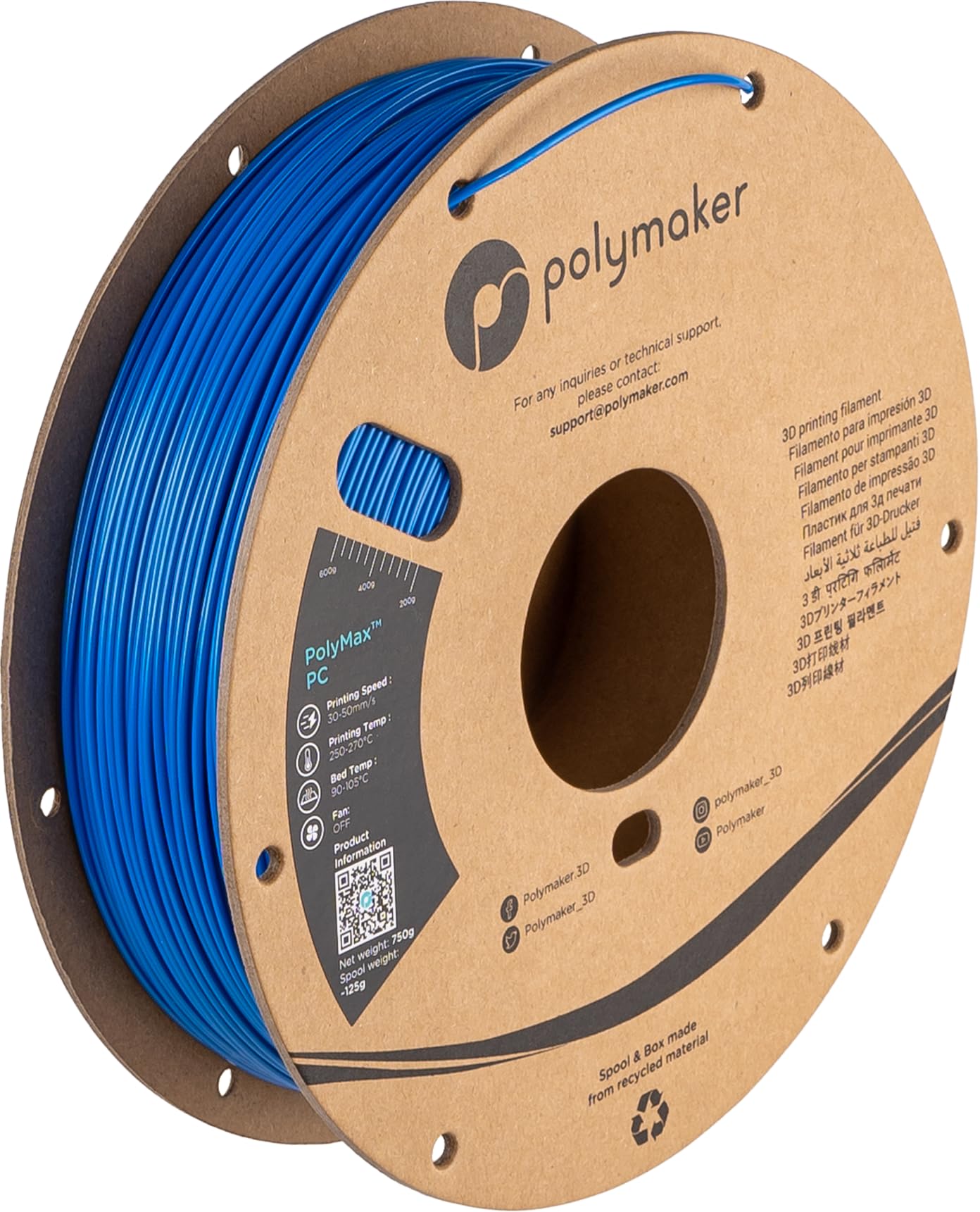 Polymaker Polymax Tough PC Filament 1.75mm - High Heat Resistant Polycarbonate 3D Printer Filament (0.75kg, Blue) for Industrial Prototyping, Automotive Parts & Functional Models