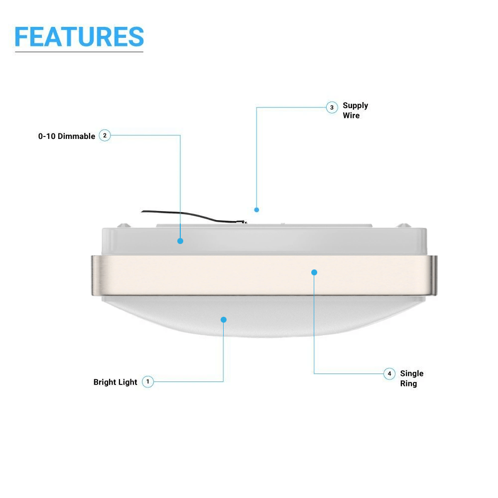 15W Square LED Flush Mount Ceiling Light - 11 Inch Brushed Nickel Finish - 1050 Lumens - Single Ring Design - Perfect for Kitchen, Bathroom, Bedroom & Hallway Lighting