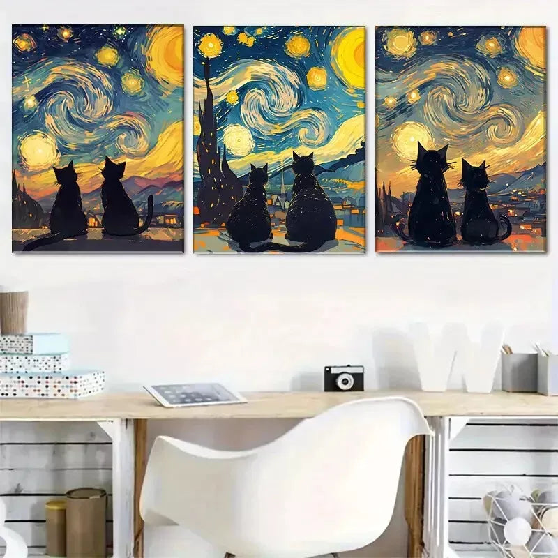 3-Piece Starry Cats Night View Art Set - Framed Canvas 50x70cm (20x28in) - High Quality Wall Art Print - Ready to Hang Home Decor for Living Room, Bedroom & Office