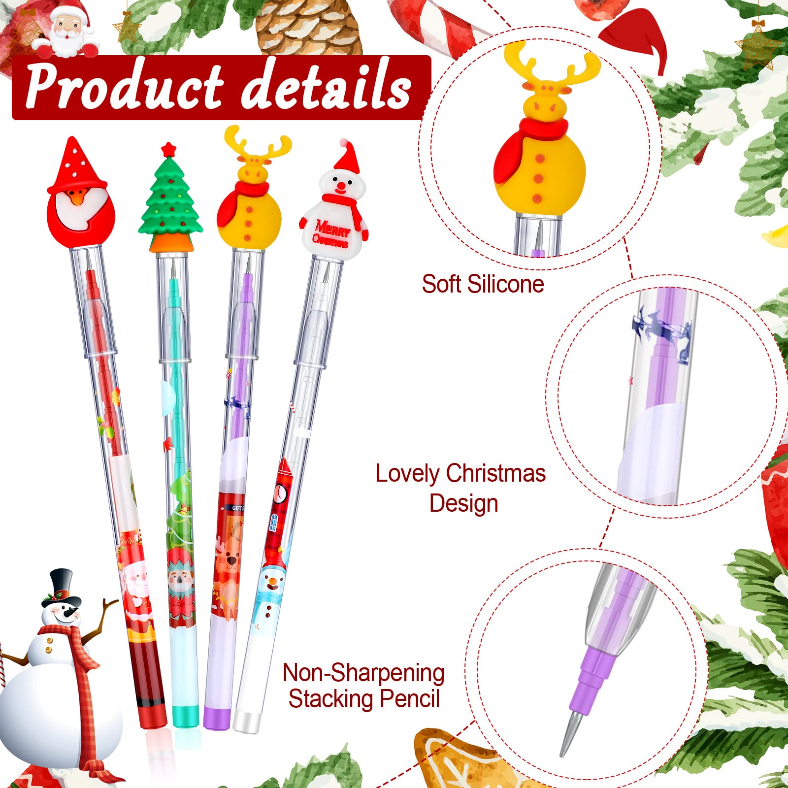 Stackable Christmas Pencils with Santa, Xmas Tree, Deer & Snowman Designs - 24-Pack Holiday Party Favors for School, Office & Kids New Year Celebrations - Perfect for Gift Exchanges, Classroom Rewards & Festive Writing