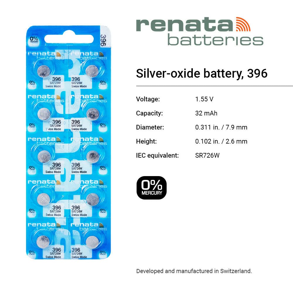 Renata 396 SR726W Silver Oxide Watch Batteries - 1.55V Long-Lasting Power (10-Pack) for Watches, Calculators & Medical Devices