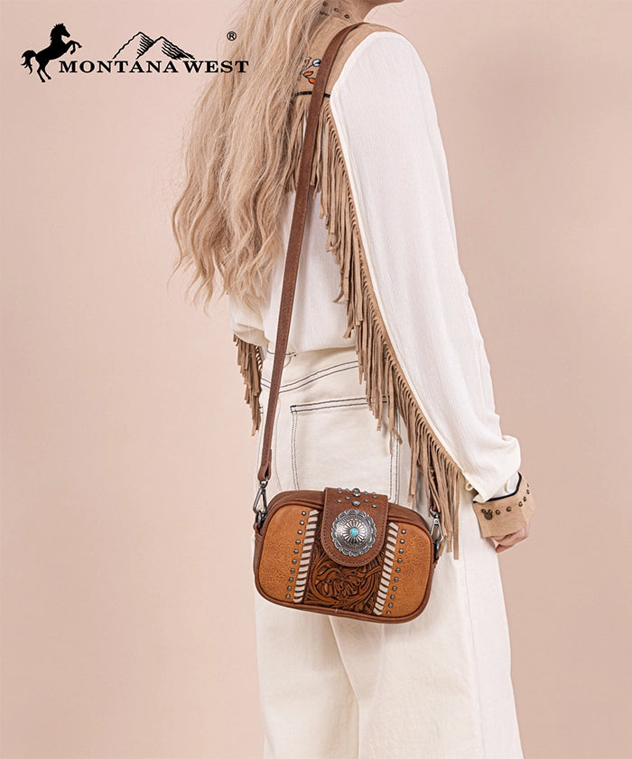 Montana West Genuine Leather Tooled Concho Crossbody Bag for Women - Stylish Western Handbag for Daily Use, Travel & Shopping