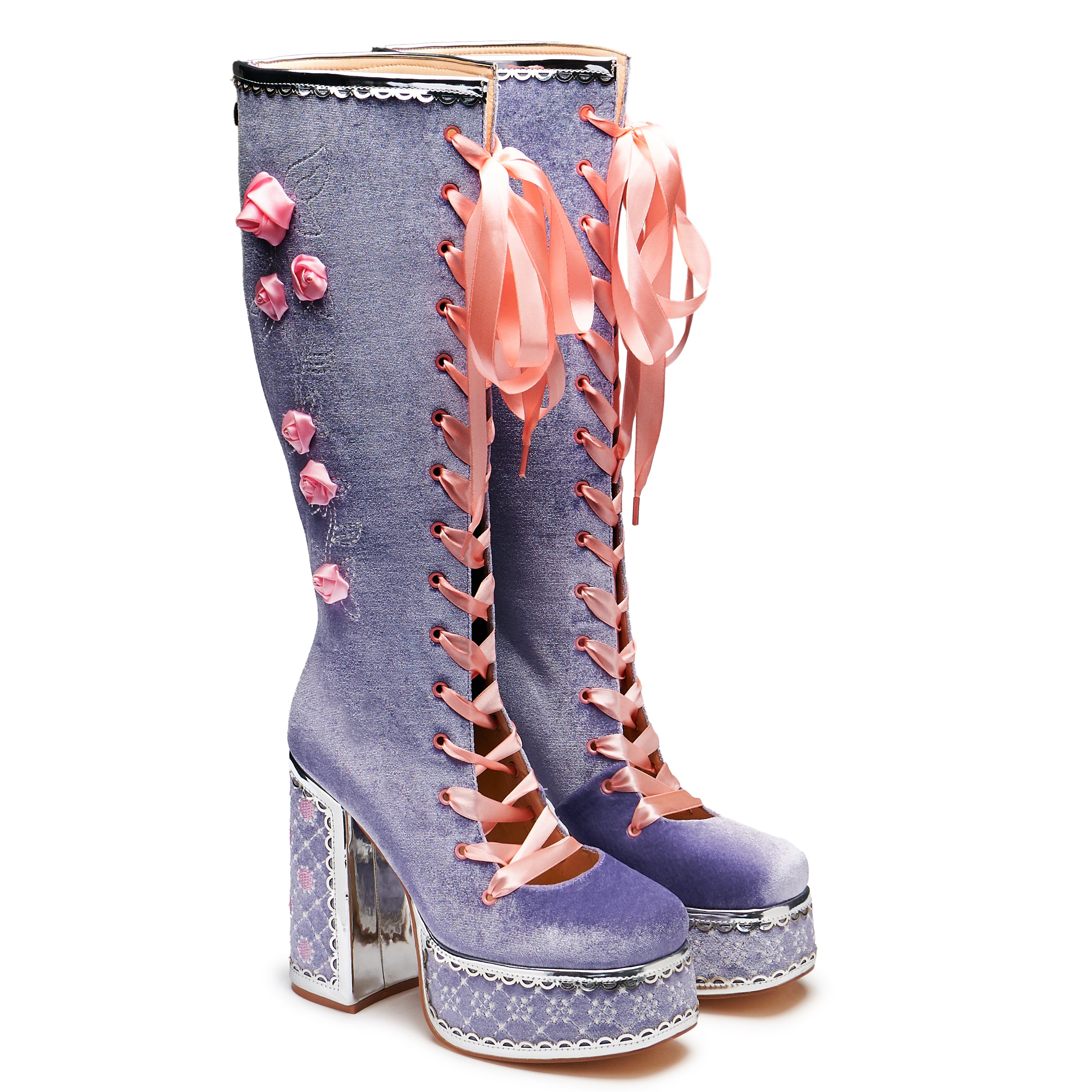 Guiltless Ghost Lace Up Platform Long Boots for Women - Gothic Punk Style Knee High Boots with Chunky Heel - Perfect for Halloween, Cosplay & Alternative Fashion (Lilac)