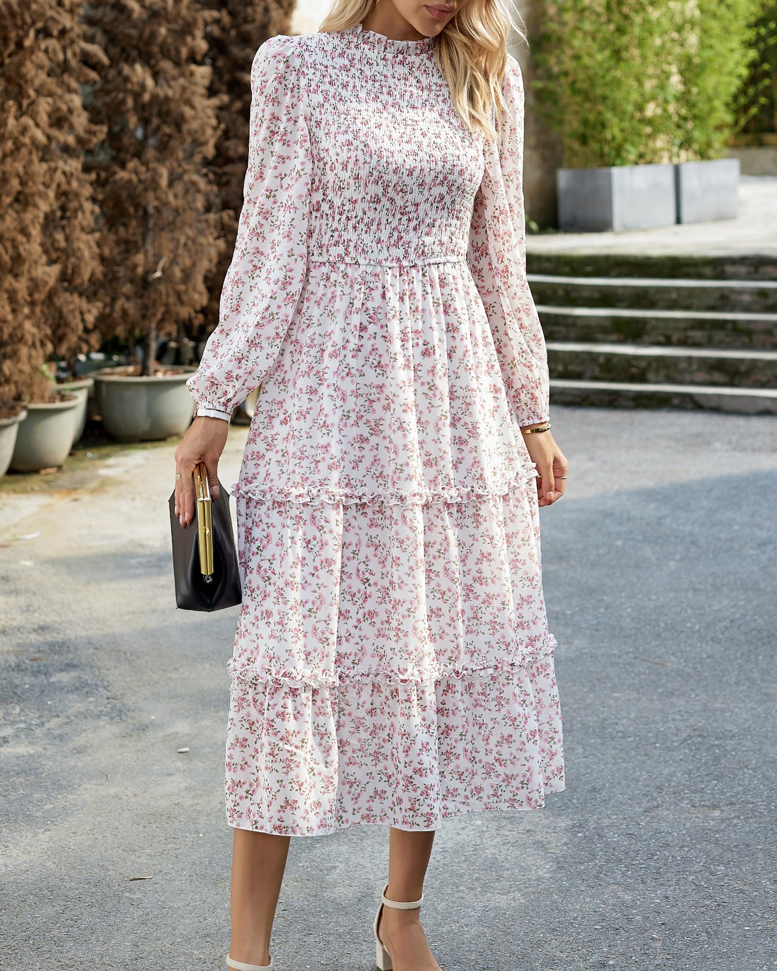 NOLLSOM Women's Floral Boho Maxi Dress - Long Sleeve Crew Neck A-Line Flowy Wedding Guest Dress for Spring 2025 | Perfect for Beach Vacations, Garden Parties & Casual Outings