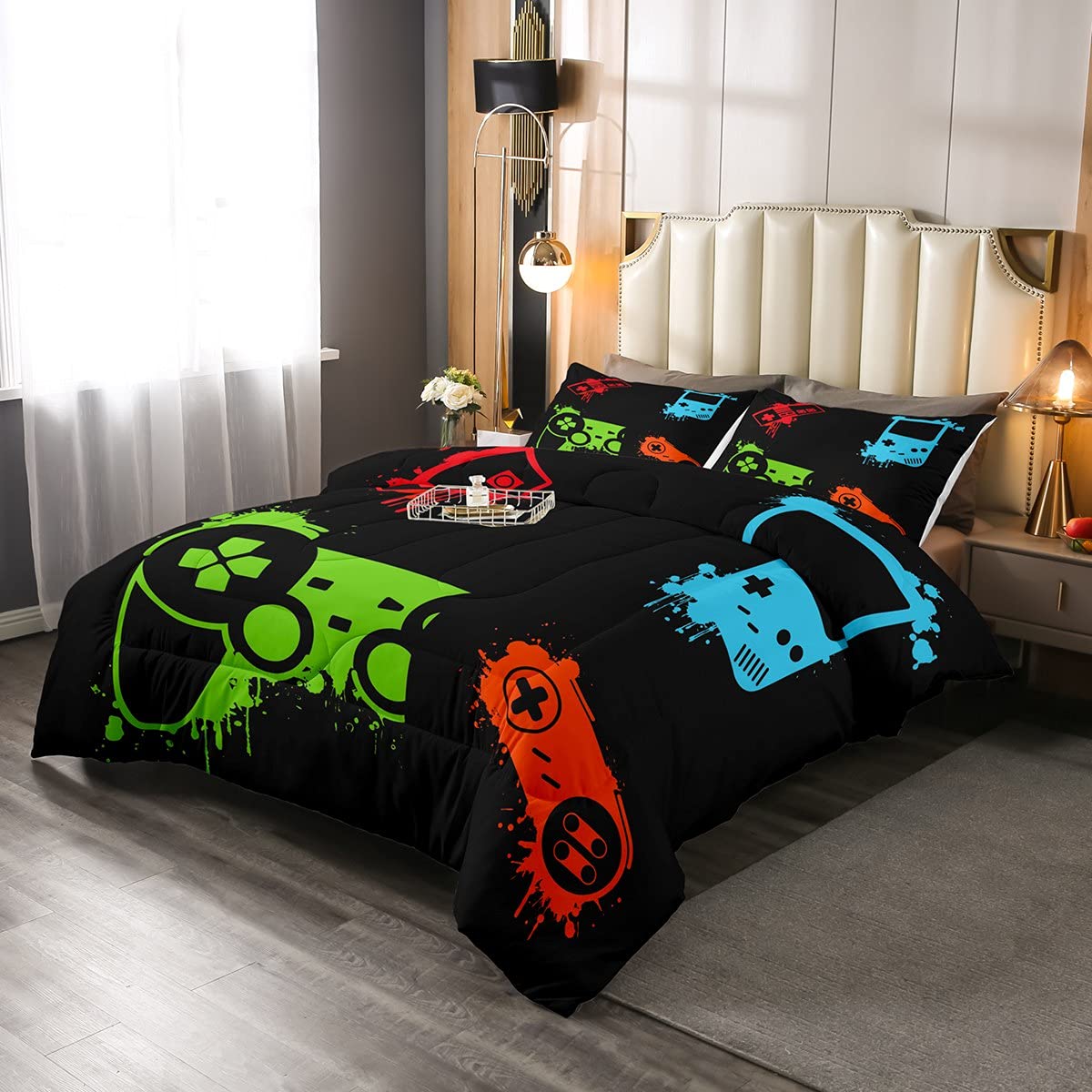 Reversible Gamer Bed Comforter Set - Hip Hop Graffiti Print Twin Size Down Alternative Duvet with Pillowcase for Boys, Teens & Young Adults | All-Season Gaming Bedding for Dorm Rooms & Game Themed Bedrooms