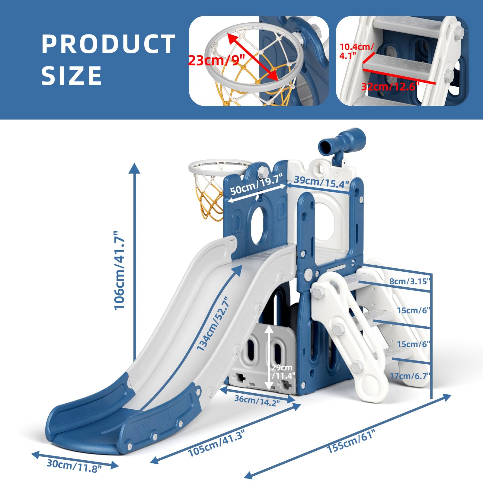 XJD 5-in-1 Toddler Slide for Kids Ages 1-3 | Indoor & Outdoor Playset with Basketball Hoop, Storage Space, Non-Slip Steps & Telescope | Perfect for Backyard, Playroom & Preschool Activities (Blue)