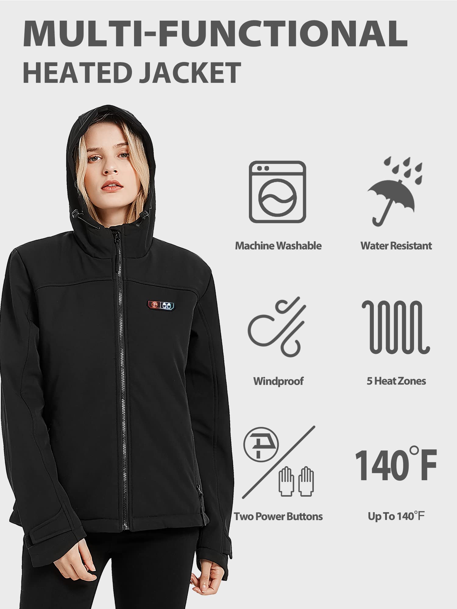 PTAHDUS Women's Heated Jacket - Soft Shell Winter Coat with Hand Warmer Pockets & 7.4V Battery Pack - Perfect for Outdoor Activities, Skiing, Hiking, and Cold Weather Commuting