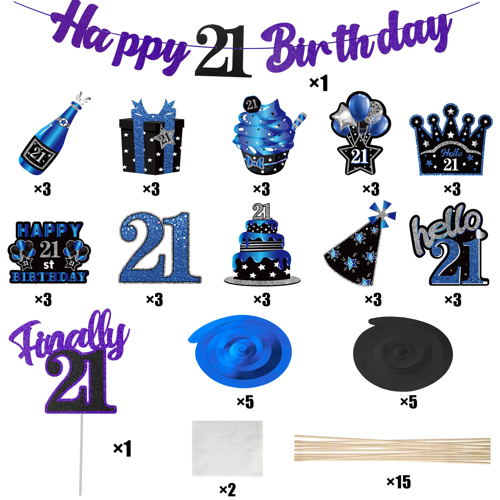 WATINC 42pcs Blue Purple Birthday Party Decorations Kit - Glitter Hanging Garland, Swirls Sign & Cake Topper for 21st Birthday Celebrations | Perfect for Home Decor, Table Centerpieces & Milestone Parties