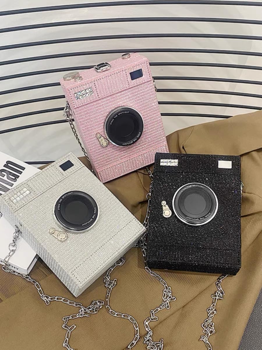 Sparkly Glitter Camera Shaped Crossbody Bag - Women's Evening Clutch Purse for Parties, Date Nights & Special Occasions
