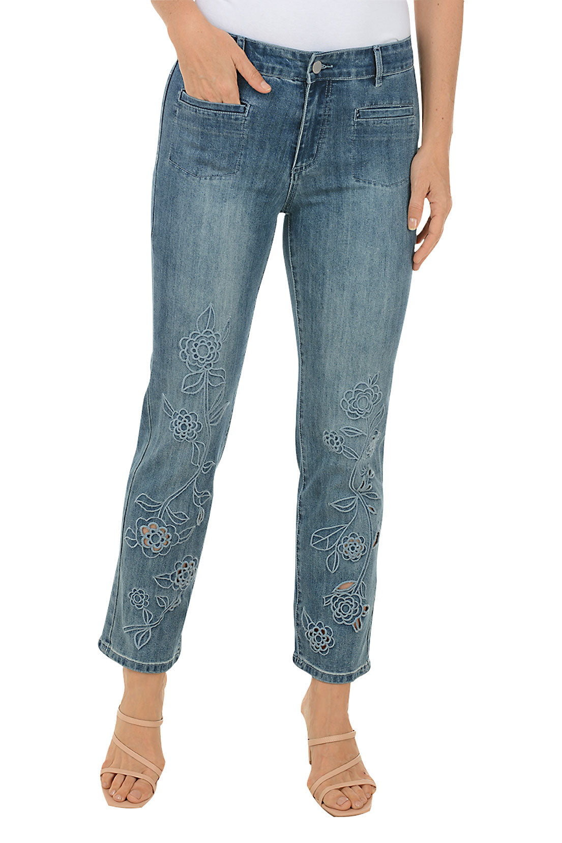Floral Vine Denim Ankle Pants for Women - Stretchy Comfort Fit Skinny Jeans with Floral Embroidery - Perfect for Casual Outings, Date Nights & Spring Fashion