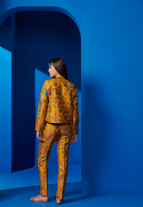 Mustard Silk Brocade Boot Cut Trousers for Women - Elegant & Comfortable Pants for Office, Party & Special Occasions