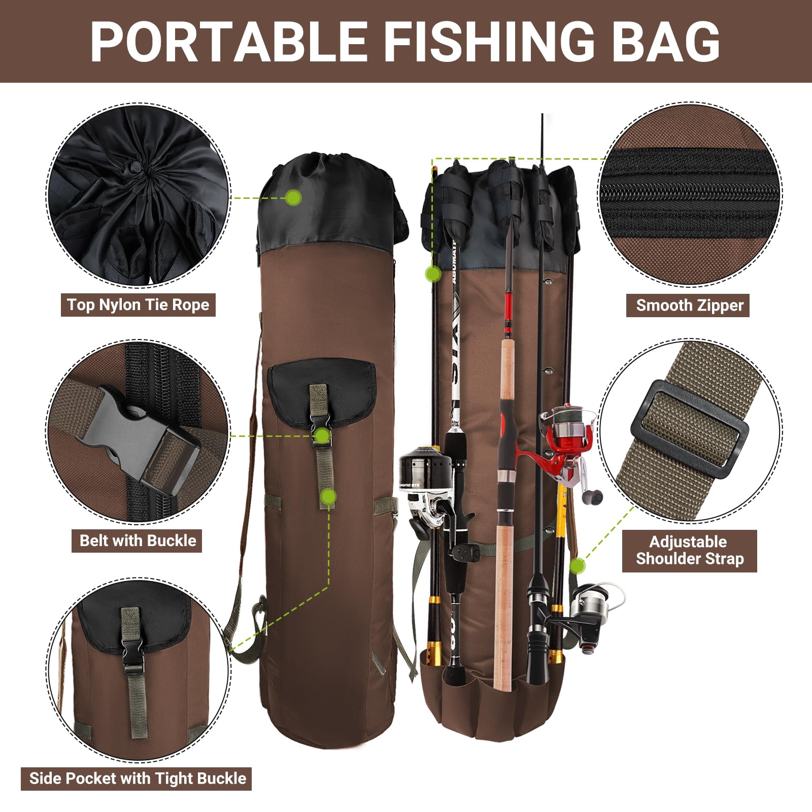 **Durable Folding Fishing Rod Bag - Oxford Fabric Fishing Pole Case for Men, Portable Fishing Gear with Shoulder Strap - Ideal for Travel, Camping & Outdoor Fishing (Coffee)**