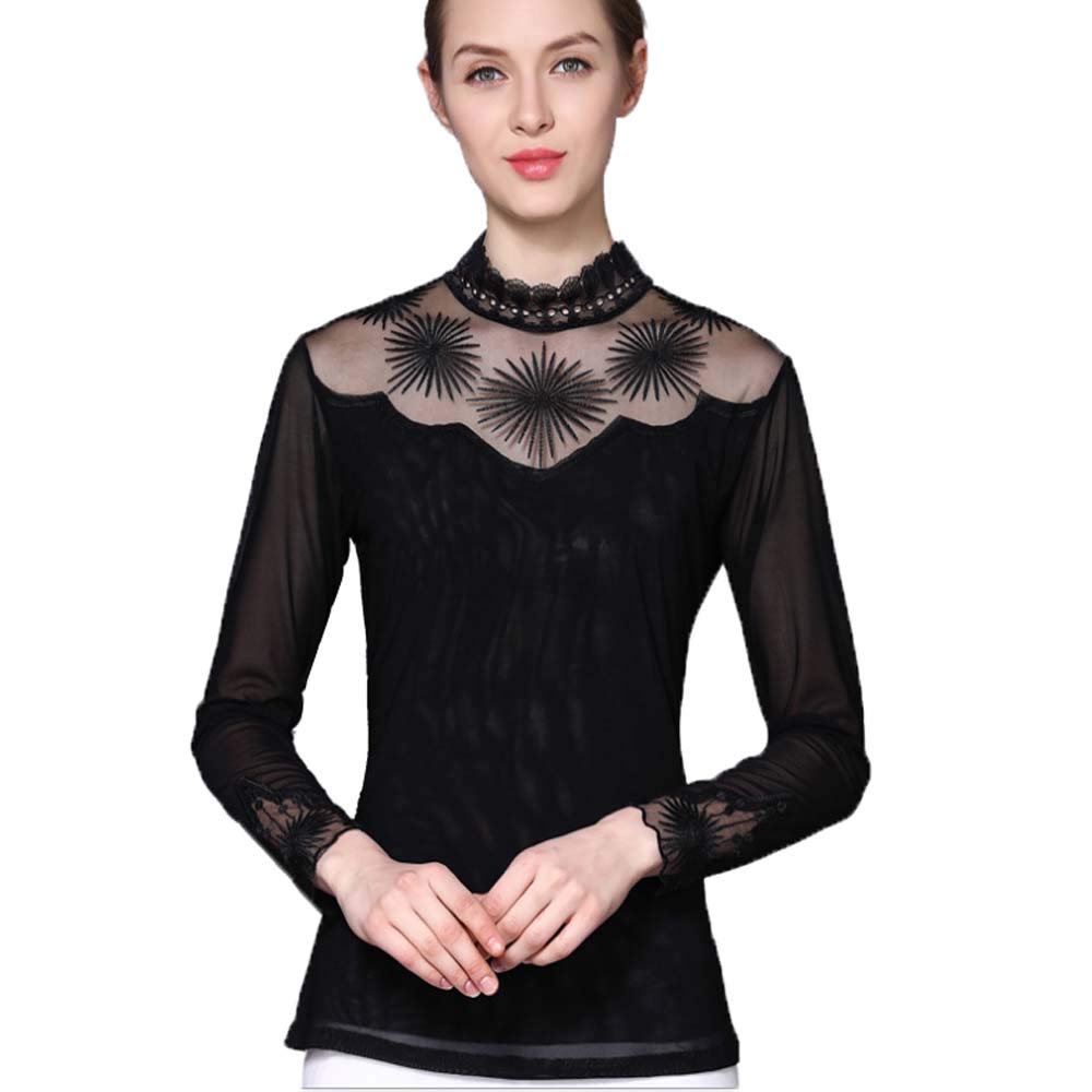 Elegant Women's Turtleneck Lace Long Sleeve Blouse - Slim Fit Stretch Layering Top for Work, Party & Casual Wear