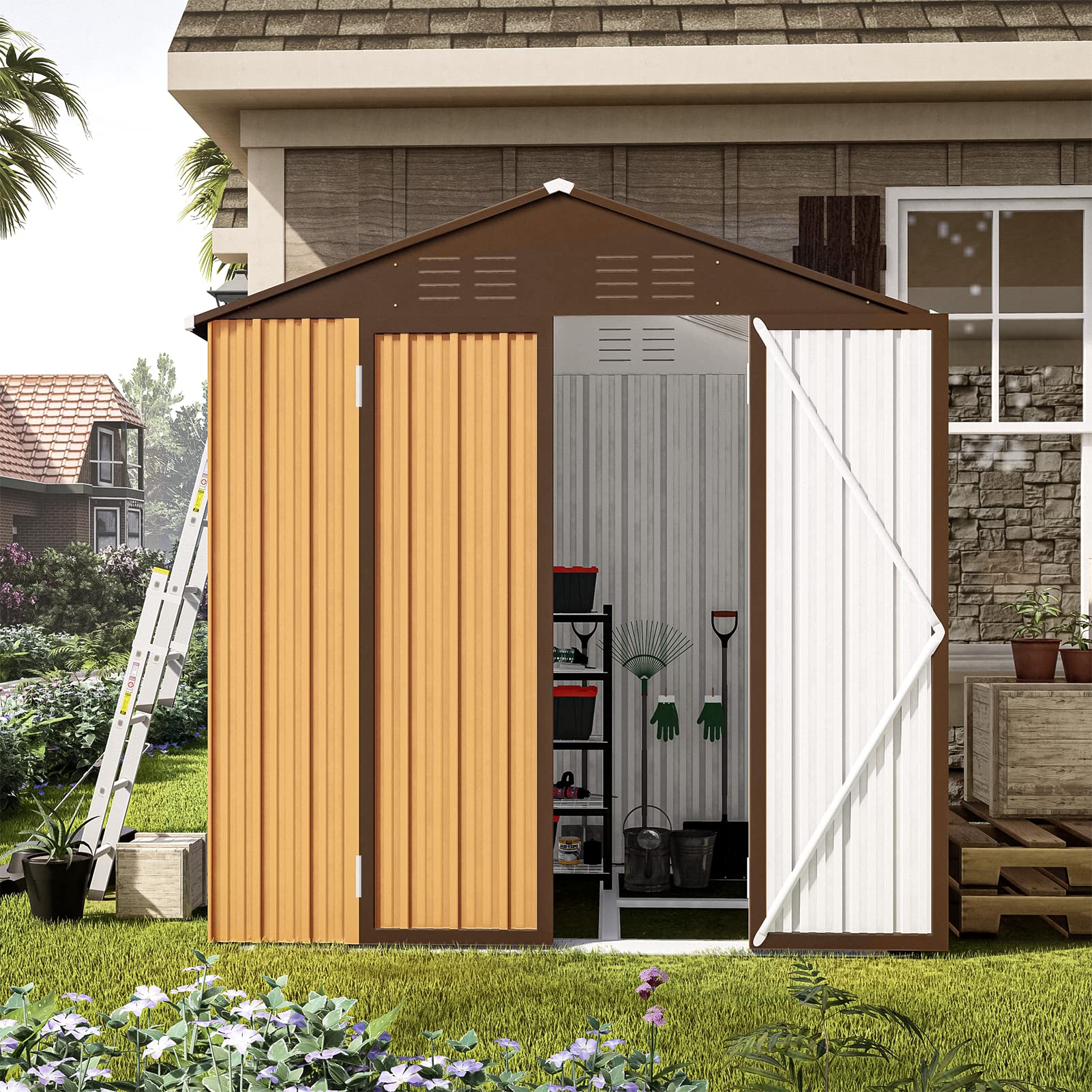 OUYESSIR 6x4 Ft Galvanized Metal Outdoor Storage Shed - Lockable, Waterproof & UV Resistant Garden Tool Shed for Backyard, Lawn, Patio | Perfect for Storing Gardening Tools, Pool Supplies & Outdoor Equipment
