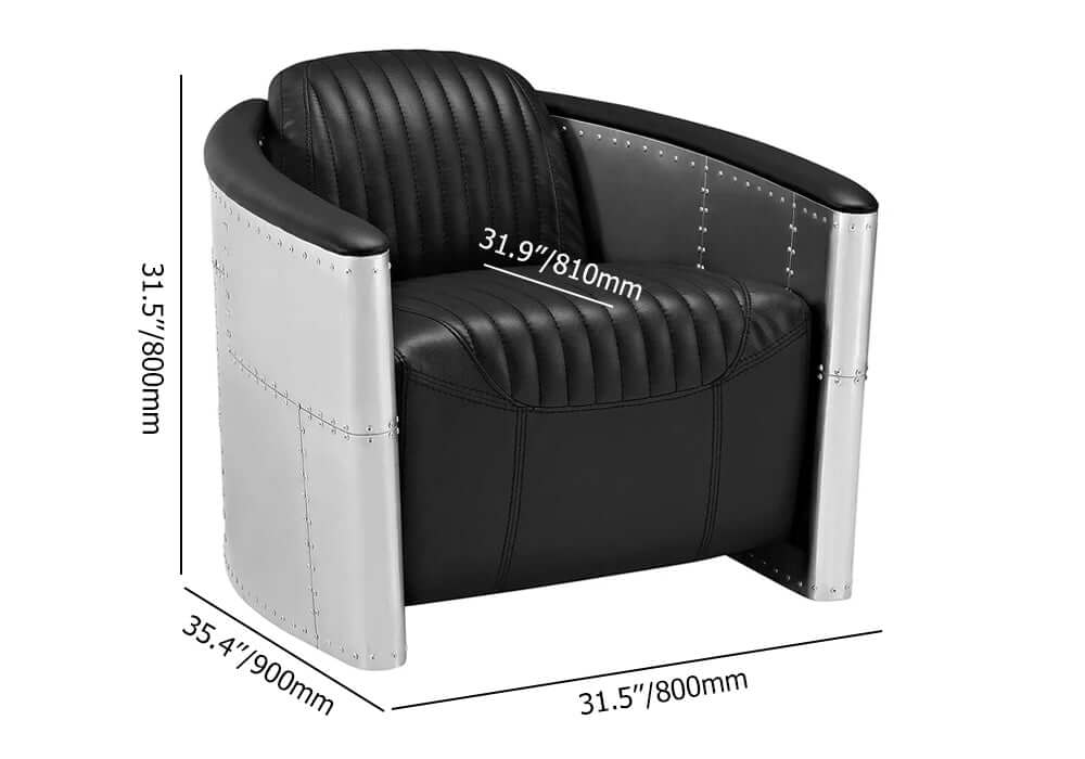 Industrial Loft Style Black Barrel Accent Chair - Genuine PU Leather Upholstered Modern Lounge Chair for Living Room, Office or Reading Nook