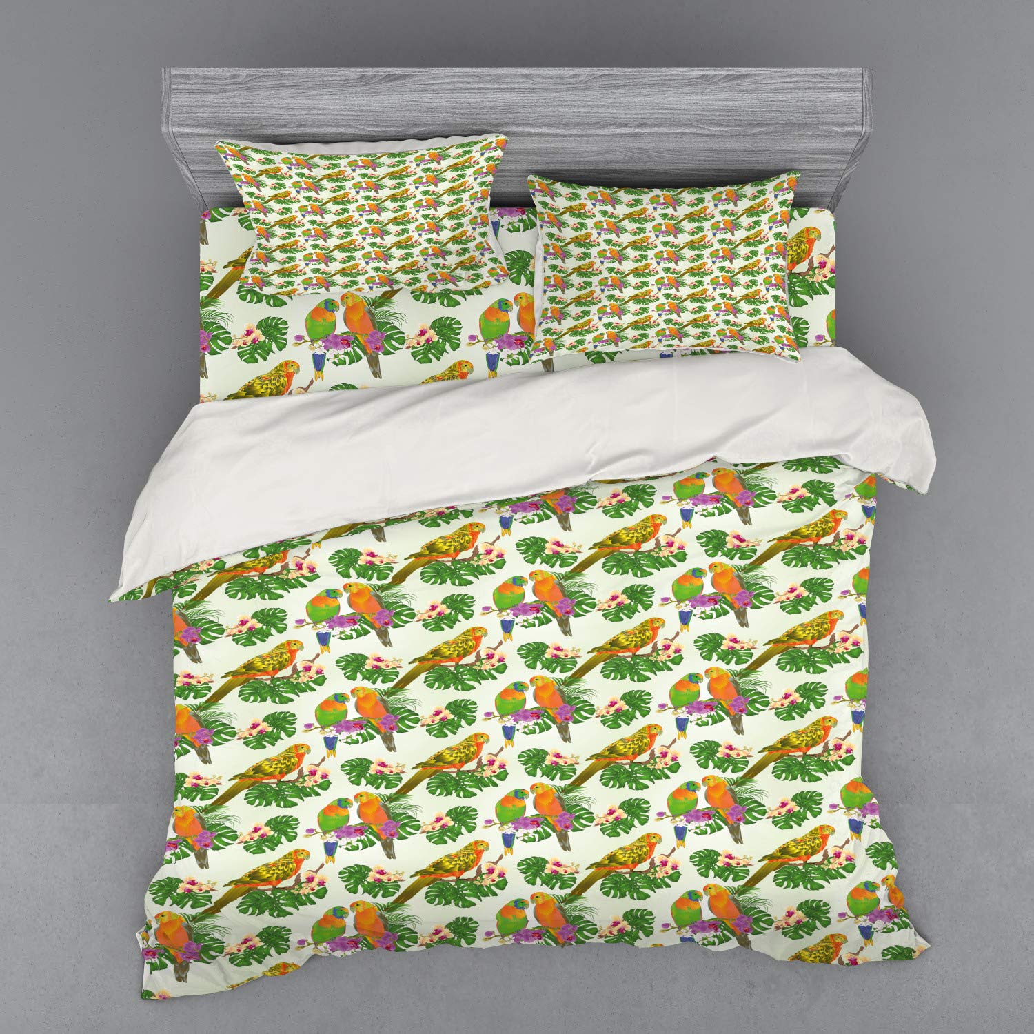 Ambesonne Exotic King Size Duvet Cover Set - Vivid Parrots on Floral Branches with Orchids & Philodendron, 4-Piece Bedding Set with Shams & Fitted Sheet, Ivory & Multicolor - Perfect for Tropical & Bohemian Bedroom Decor