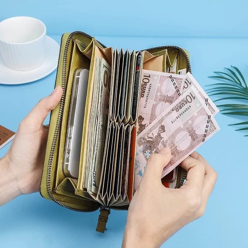 Women's Leather Wallet with Zipper - Large Capacity Long Clutch Purse for Credit Cards & Coins (20x10cm) - Perfect for Work, Travel & Evening Events (Color: A)