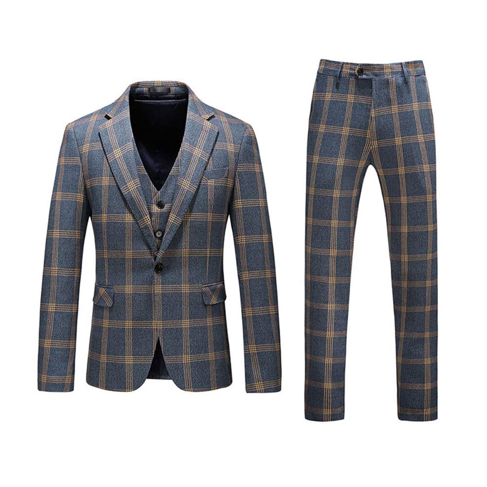 YFFUSHI Men's Slim Fit Plaid Tweed 3-Piece Suit | Single Button Formal Tuxedo for Weddings, Prom & Business Events