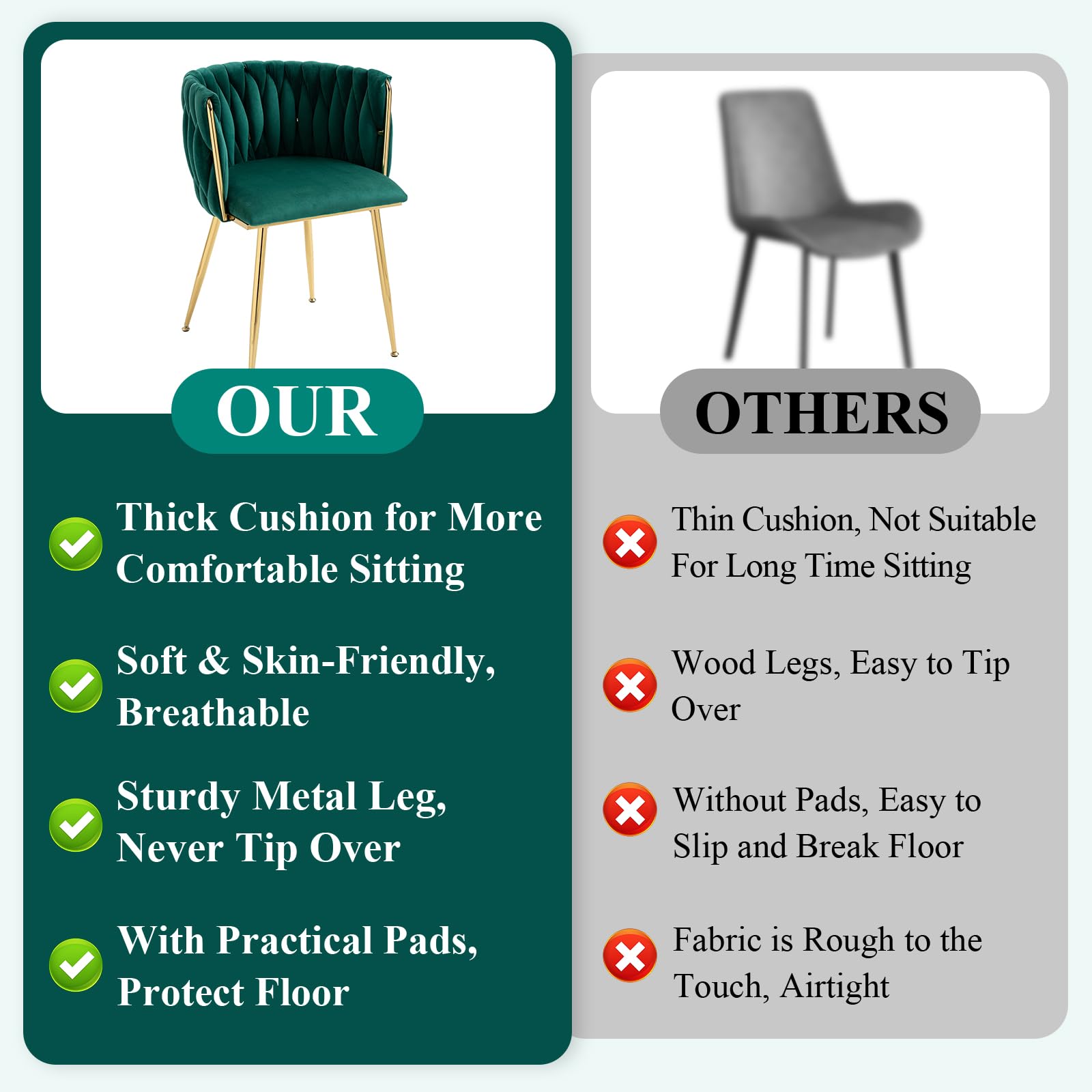 Modern Velvet Dining Chairs Set of 2 - Handwoven Upholstered Accent Chairs with Golden Metal Legs for Living Room, Dining Room & Kitchen Vanity | Emerald Green Luxury Seating for Home Decor & Entertaining