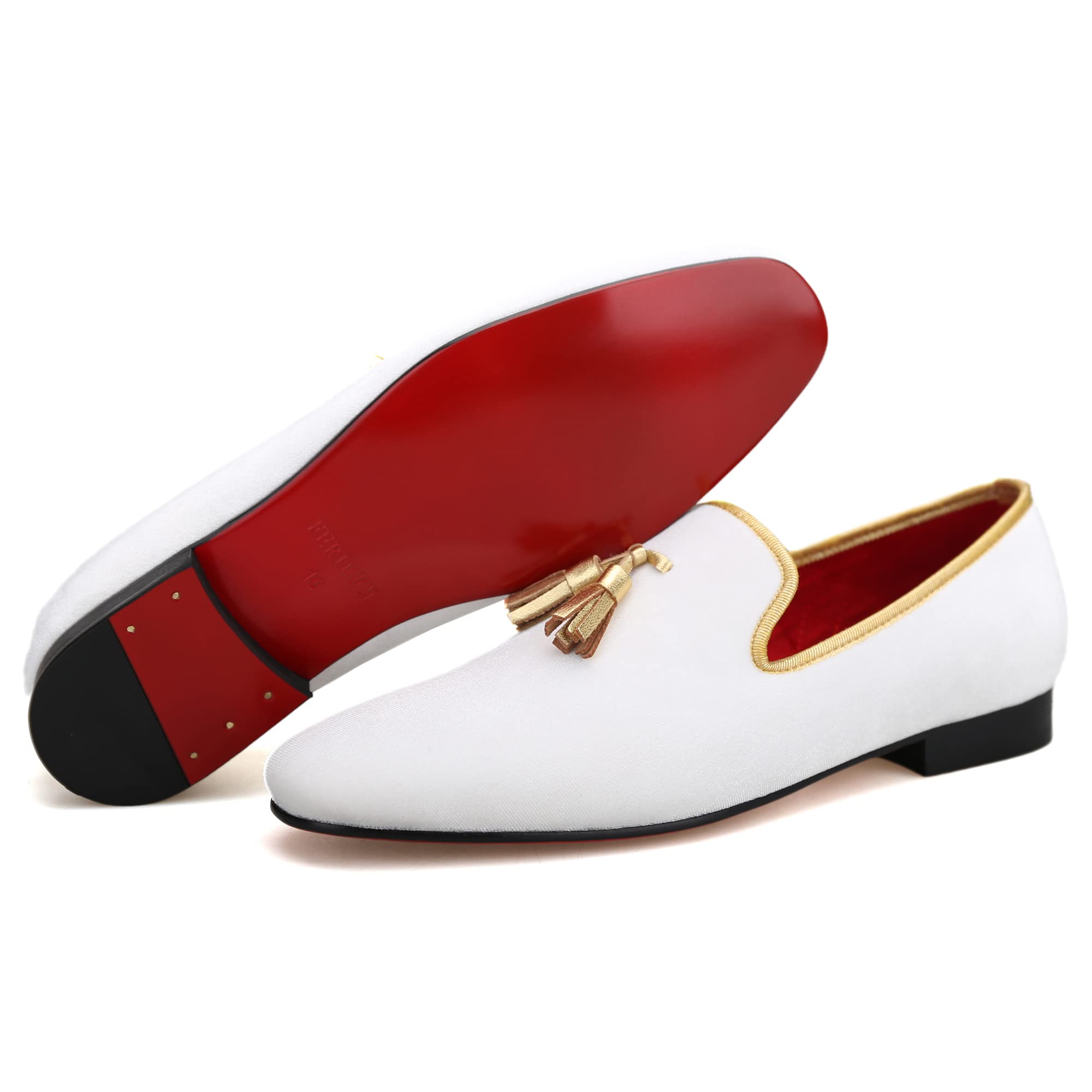 FERUCCI Men's White Velvet Loafers with Gold Tassel - Square Toe Formal Slippers for Wedding, Prom & Special Occasions - Comfortable Dress Shoes for Evening Events & Parties