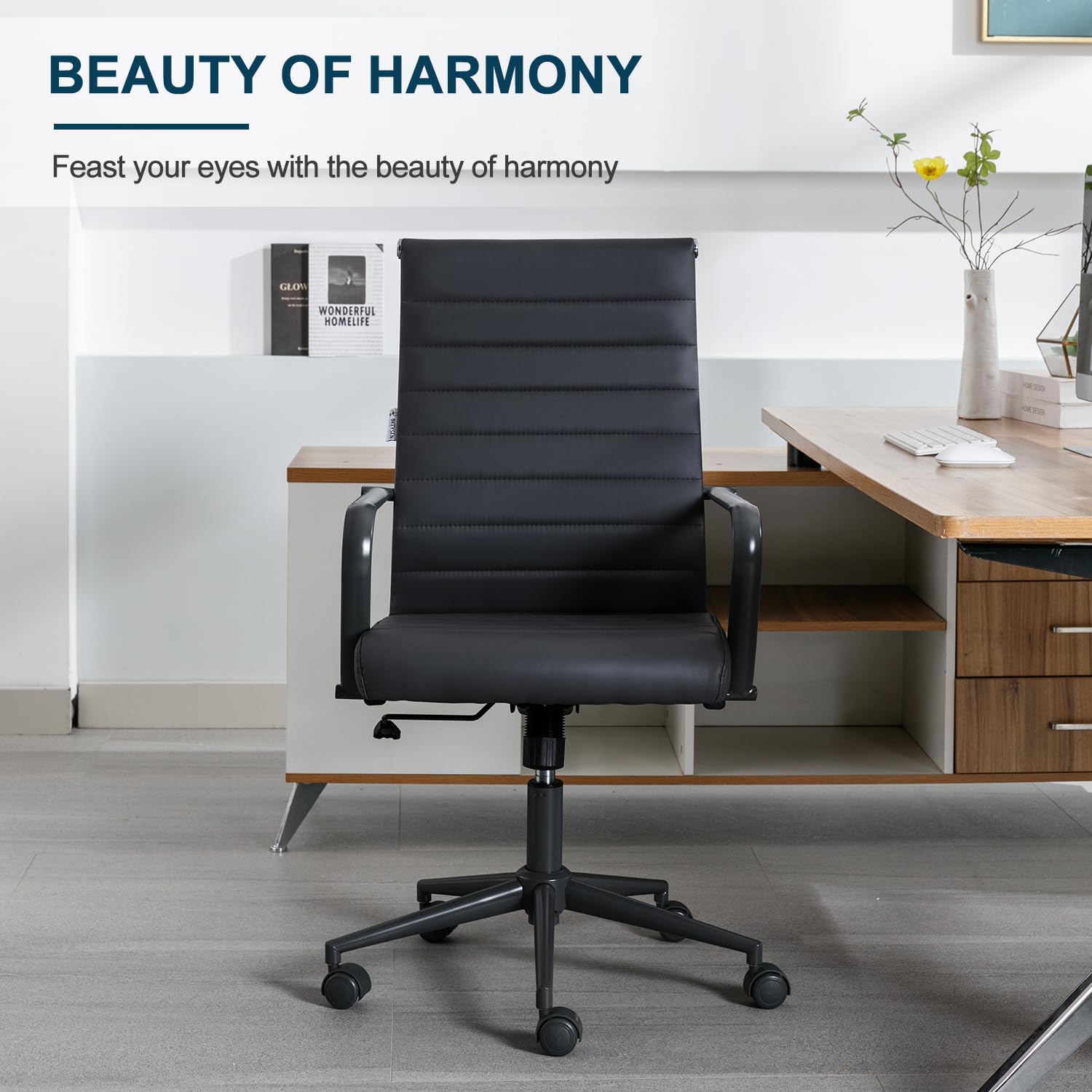 Ergonomic Office Desk Chair with Wheels - High Back Executive Swivel Rolling Chair, PU Leather Modern Ribbed Design for Home & Office Conference - Perfect for Long Work Hours, Video Calls, and Professional Workspaces