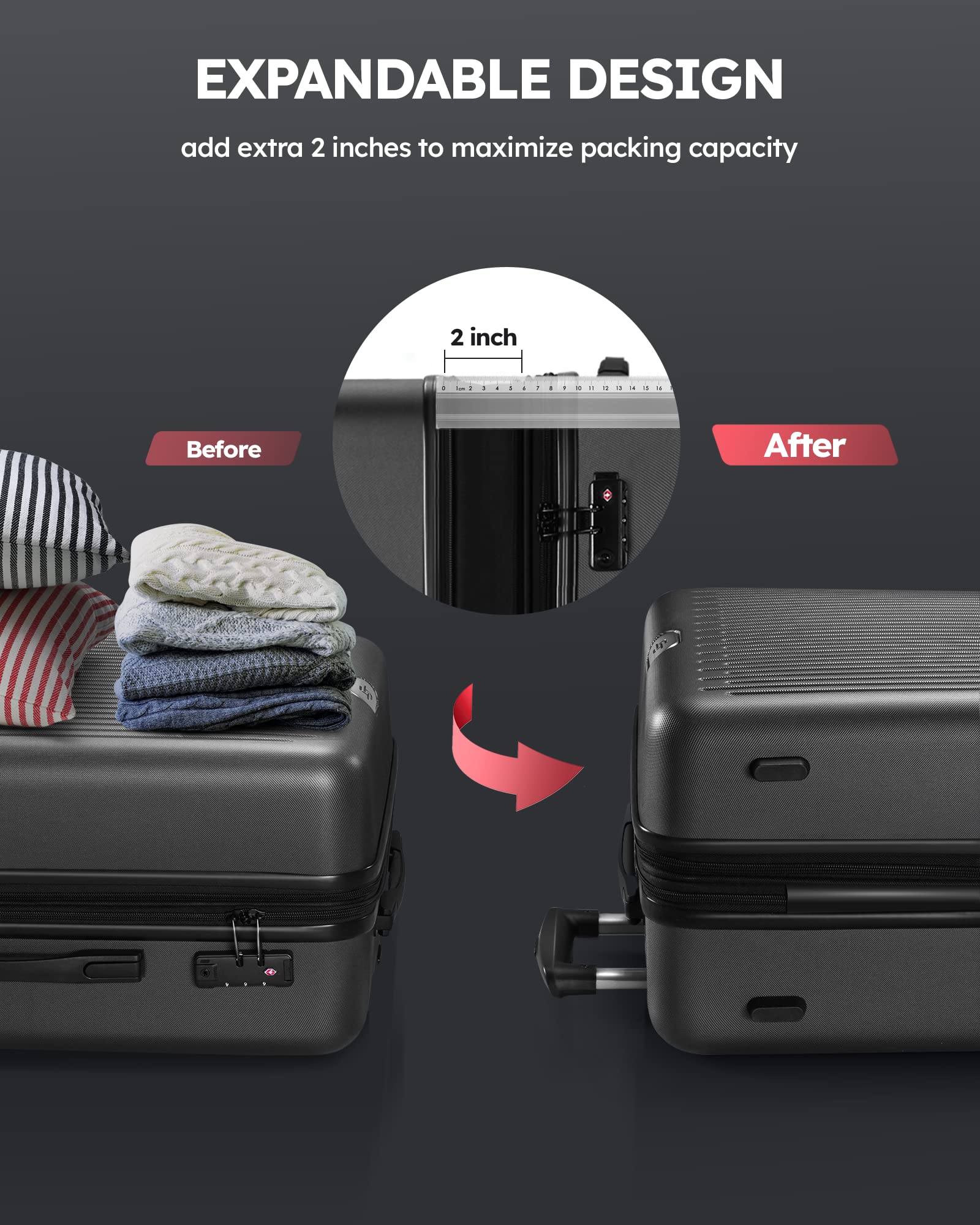3 Piece Expandable Hardshell Luggage Set with Double Spinner Wheels & TSA Lock - Black | Lightweight Travel Suitcase for Business Trips, Vacations & International Flights
