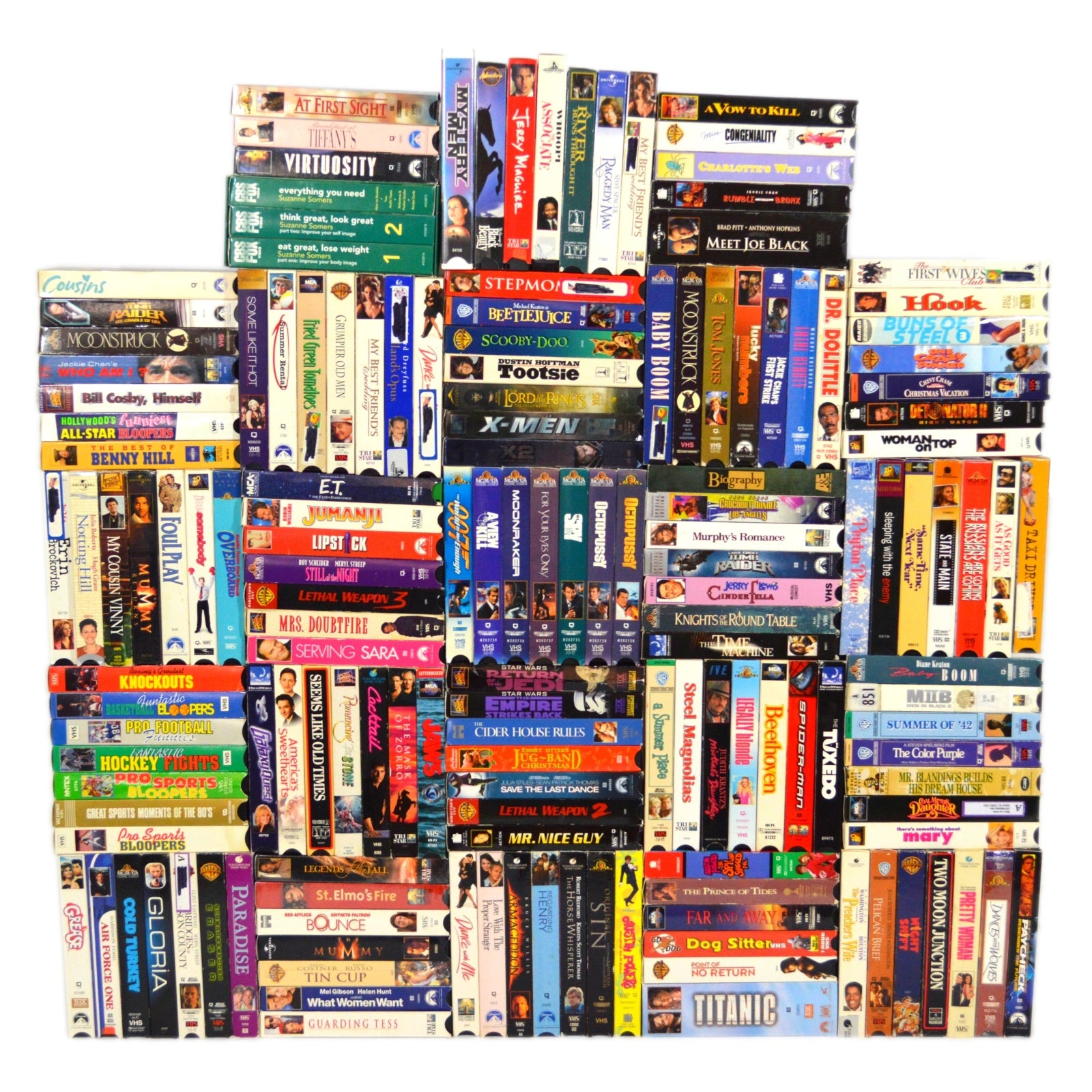 159 VHS Tapes Collection - Classic Movies, Sports & Exercise Videos (Mixed Genres, 82 lbs) - Perfect for Vintage Movie Nights, Home Workouts & Retro Entertainment