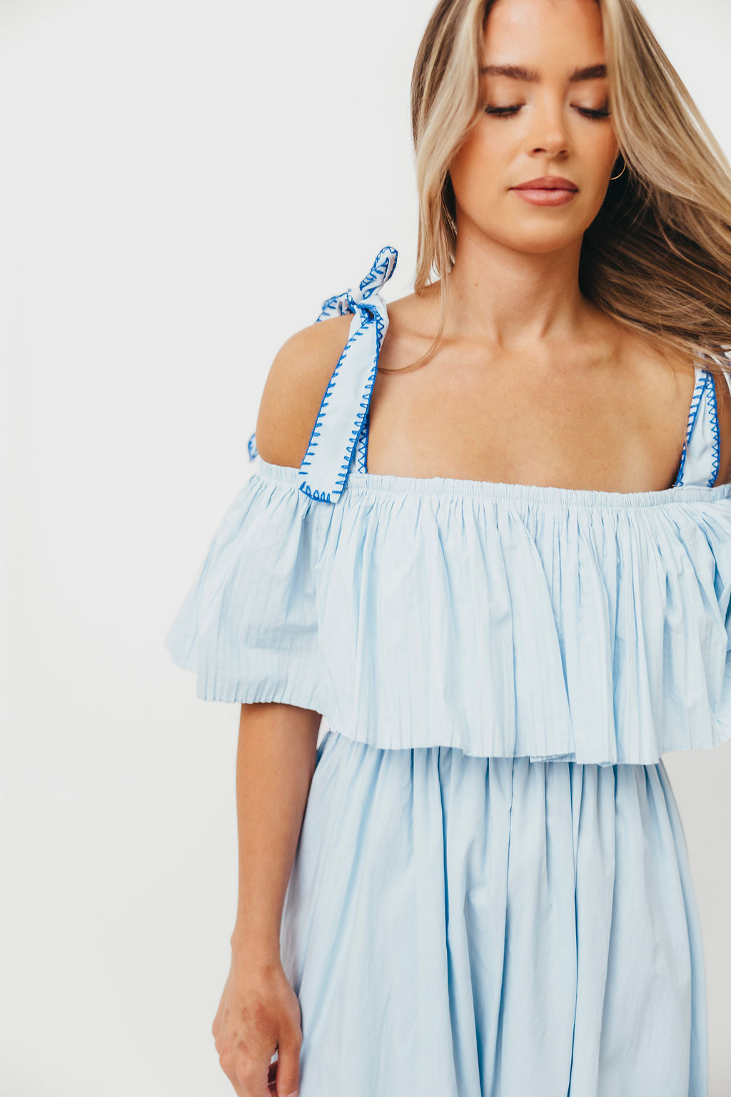 Aviva 100% Cotton Pleated Off Shoulder Midi Dress - Light Blue Summer Dress for Beach, Wedding & Casual Outings