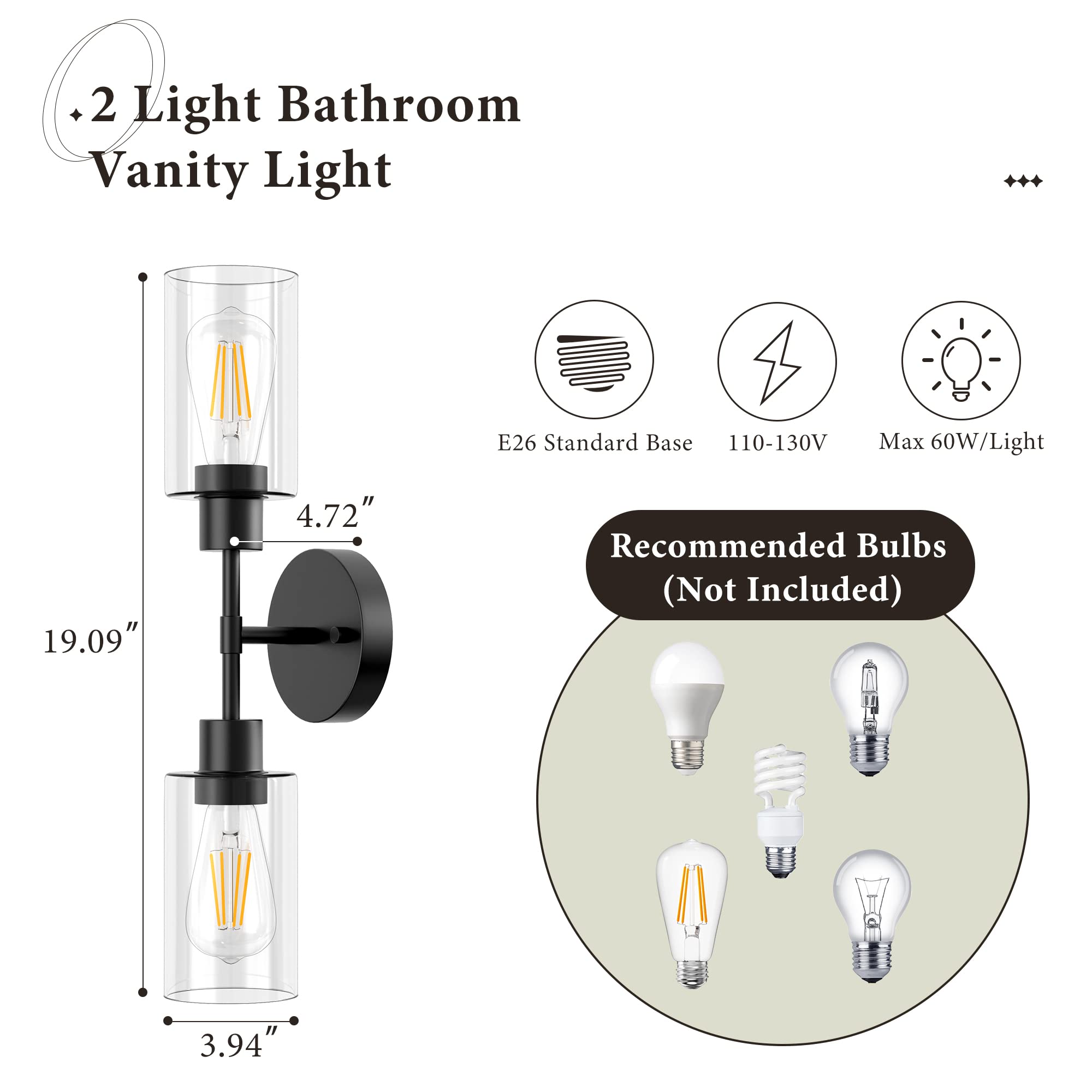 Espird Black Bathroom Vanity Lights - 2 Light Wall Sconce with Clear Glass Shades, Farmhouse Matte Black Finish, Modern Over Mirror Lighting for Bathroom, Bedroom, or Dressing Room