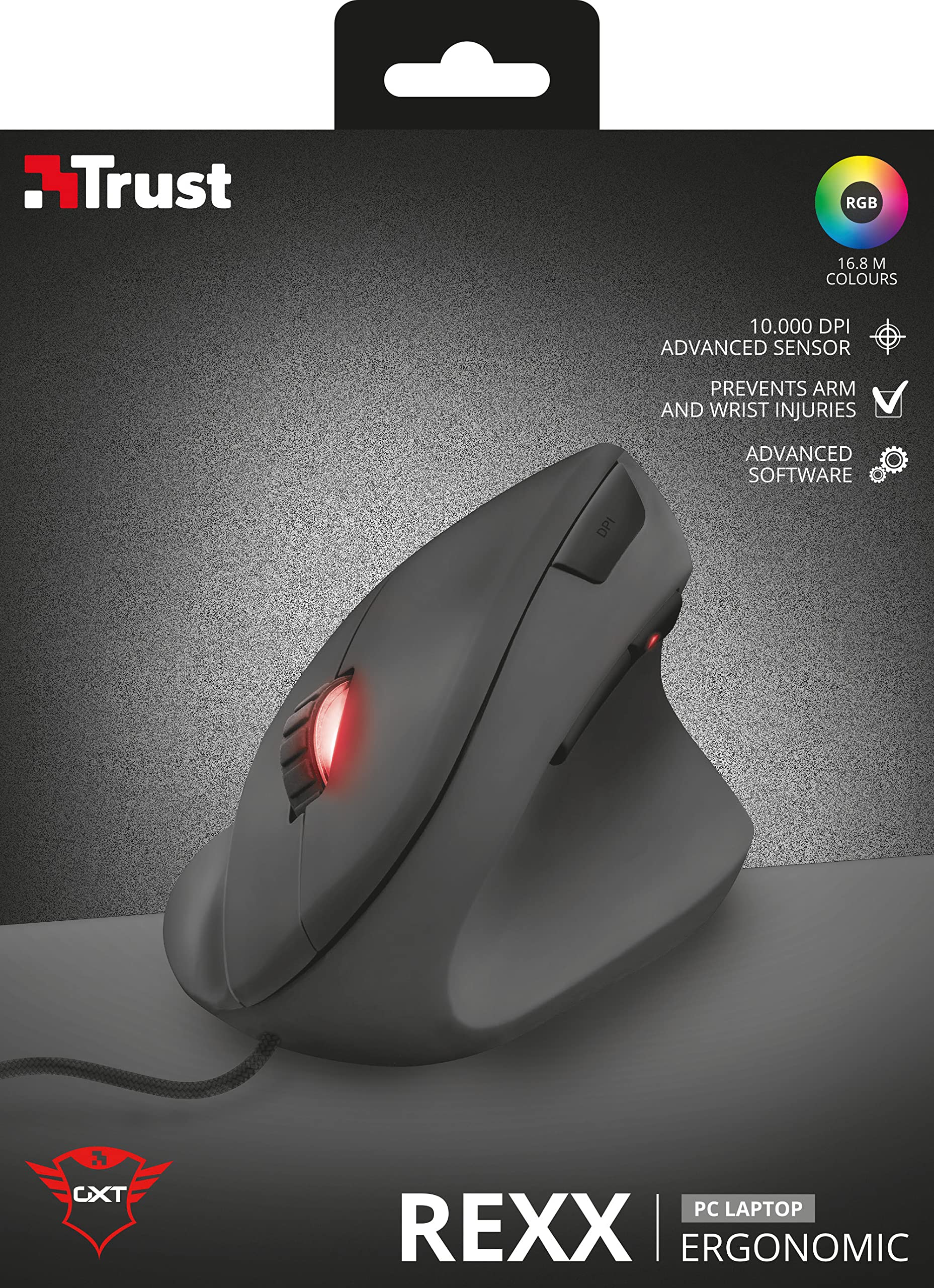 Trust GXT 144 Rexx Ergonomic Vertical Gaming Mouse - 10000 DPI Adjustable, 6 Programmable Buttons, RGB Lighting, Software Control for PC/Mac - Perfect for FPS, MMO Gaming & Office Work (Black)