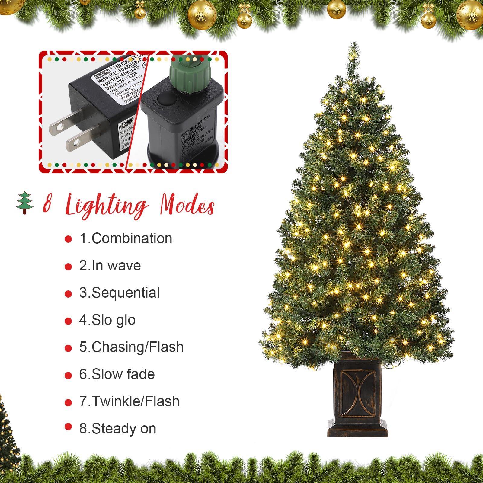 GARVEE 4.5 Ft Pre-Lit Artificial Christmas Tree with 300 LED Lights - 8 Lighting Modes, Fiber Optic Potted Xmas Tree with Black Base - Perfect for Home, Office & Holiday Decor
