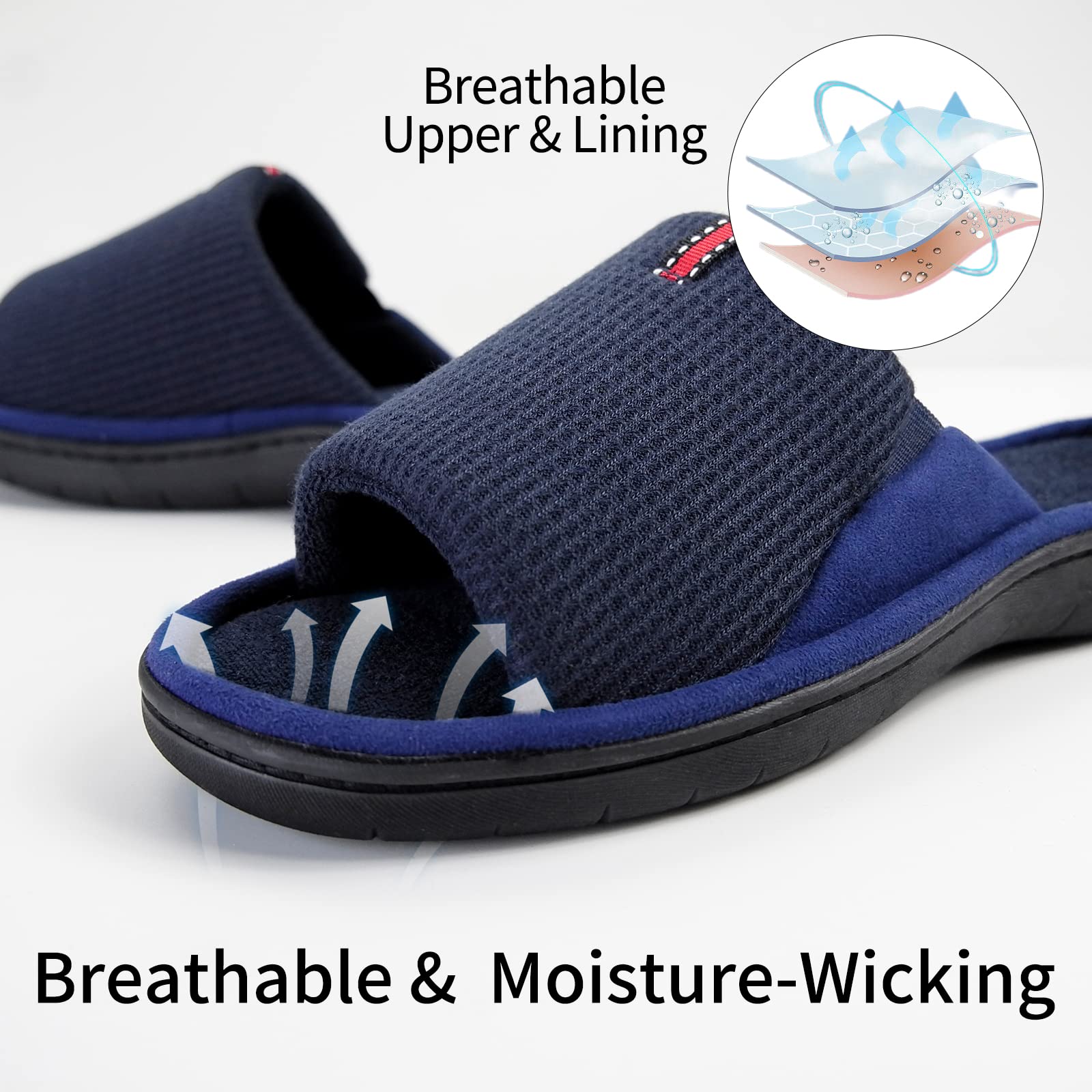 WALKFUN Men's Lightweight Open-Toe Memory Foam House Slippers - Soft Indoor Slides & Sandals for Bedroom, Patio - All-Season Comfort for Relaxation at Home