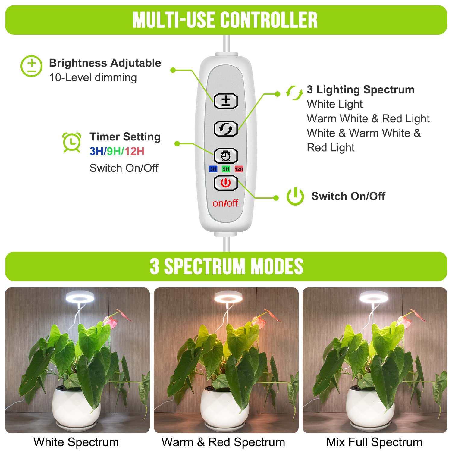 Full Spectrum LED Grow Lights for Indoor Plants - Adjustable Height, 10-Level Dimmer & Auto Timer - Perfect for Succulents, Herbs & Small Plants in Home, Office or Greenhouse