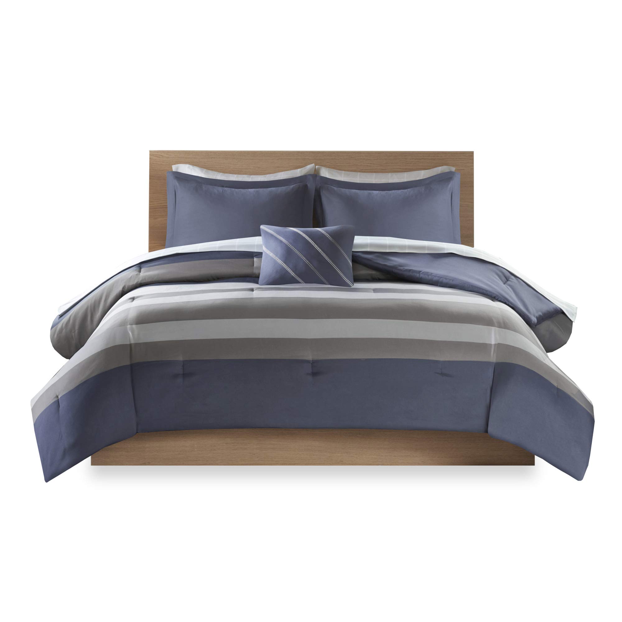 Intelligent Design Marsden Comforter Set - Striped Embroidered Toss Pillow & 6-Piece Sheet Set for Twin XL Bed | All-Season Blue/Grey Bedding | Perfect for Guest Rooms, Dorms & Cozy Bedroom Makeovers