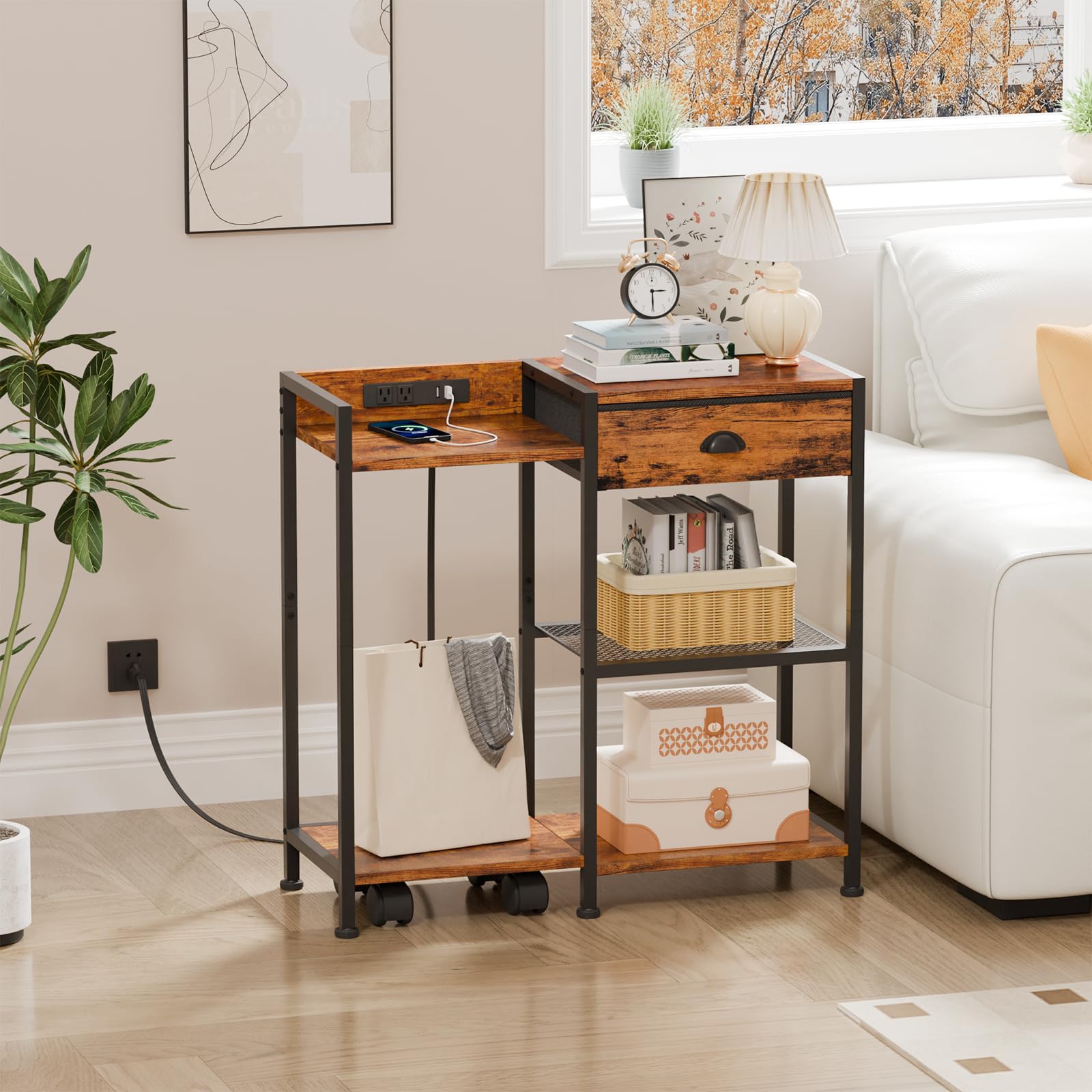 Furologee 3-Tier Printer Stand with Storage Drawer & Charging Station - Industrial Style Office Desk Organizer with USB Port, Wheels & Shredder Shelf - Rustic Brown Home Office Furniture for Printer, Scanner & Supplies Organization