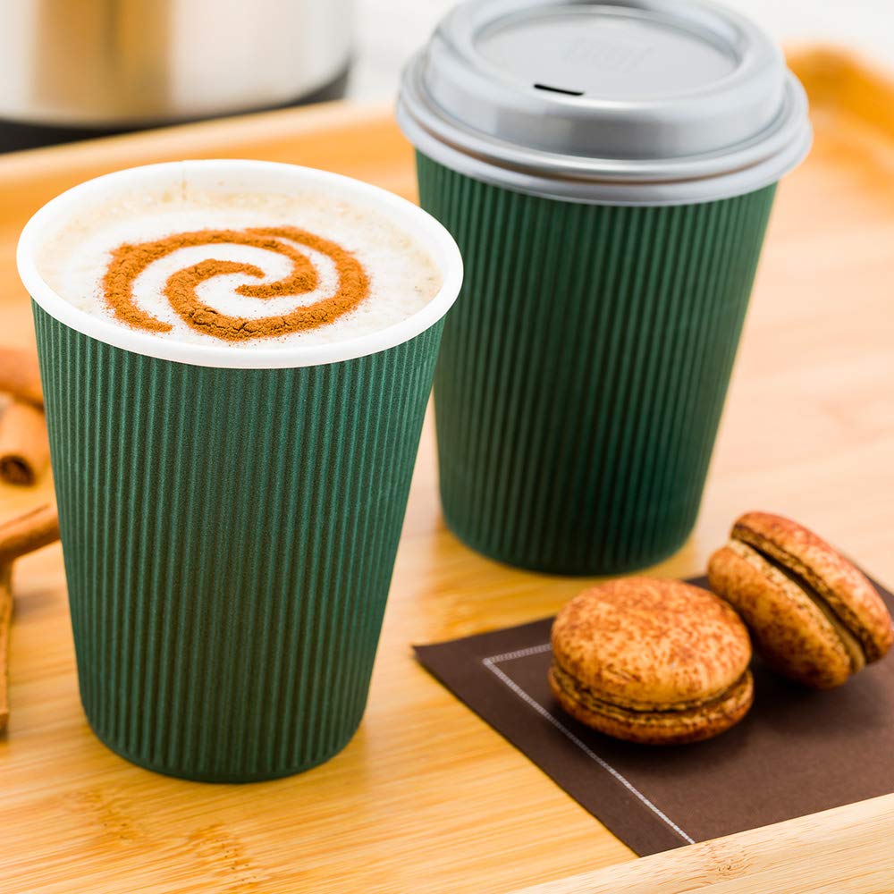 **12oz Disposable Coffee Cups (500 Pack) - Insulated Ripple Wall Hot Cups for Coffee & Tea | Eco-Friendly Forest Green Paper Cups with Rolled Rim | Perfect for Cafes, Offices & Events**