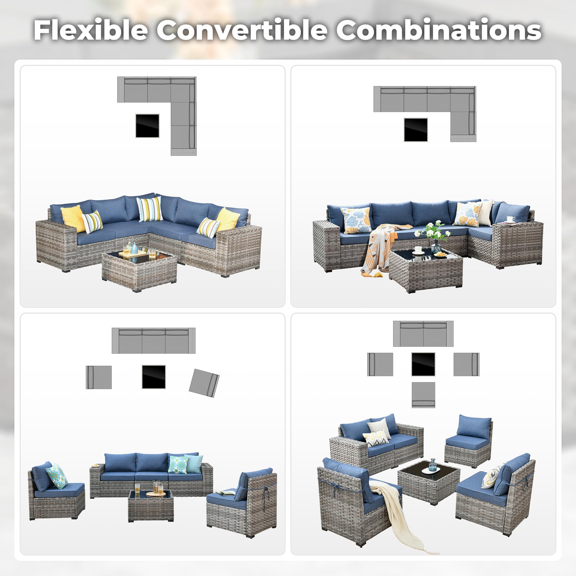 6-Piece Outdoor Patio Furniture Set - Modern Modular Wicker Rattan Sectional Sofa with Deep Seats & Comfy Cushions in Denim Blue - Perfect for Backyard, Garden, Poolside & Deck Relaxation