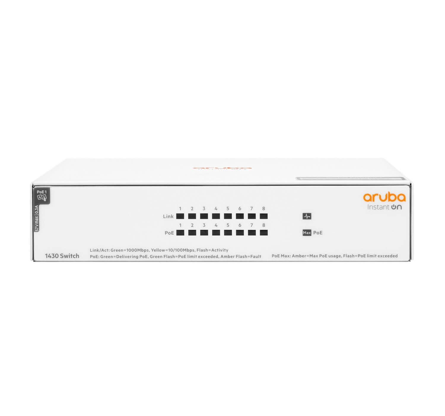 Aruba Instant On 1430 8G Class4 PoE 64W Unmanaged Gigabit Ethernet Switch (10/100/1000) with Power over Ethernet - White (R8R46A#ACC) for Small Business & Home Office Networking