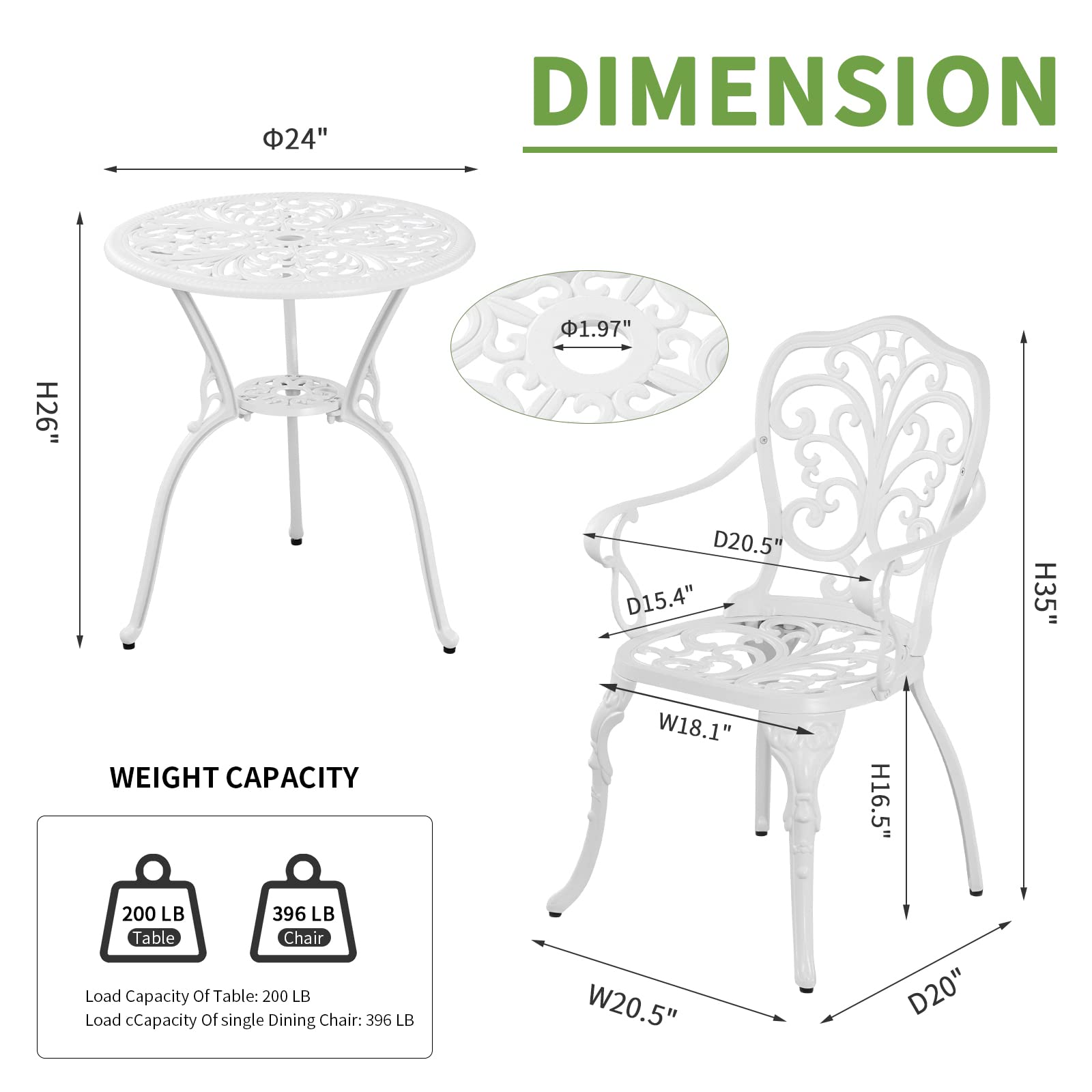 3-Piece Outdoor Bistro Set - Cast Aluminum Patio Table with 2 Chairs & 1.97