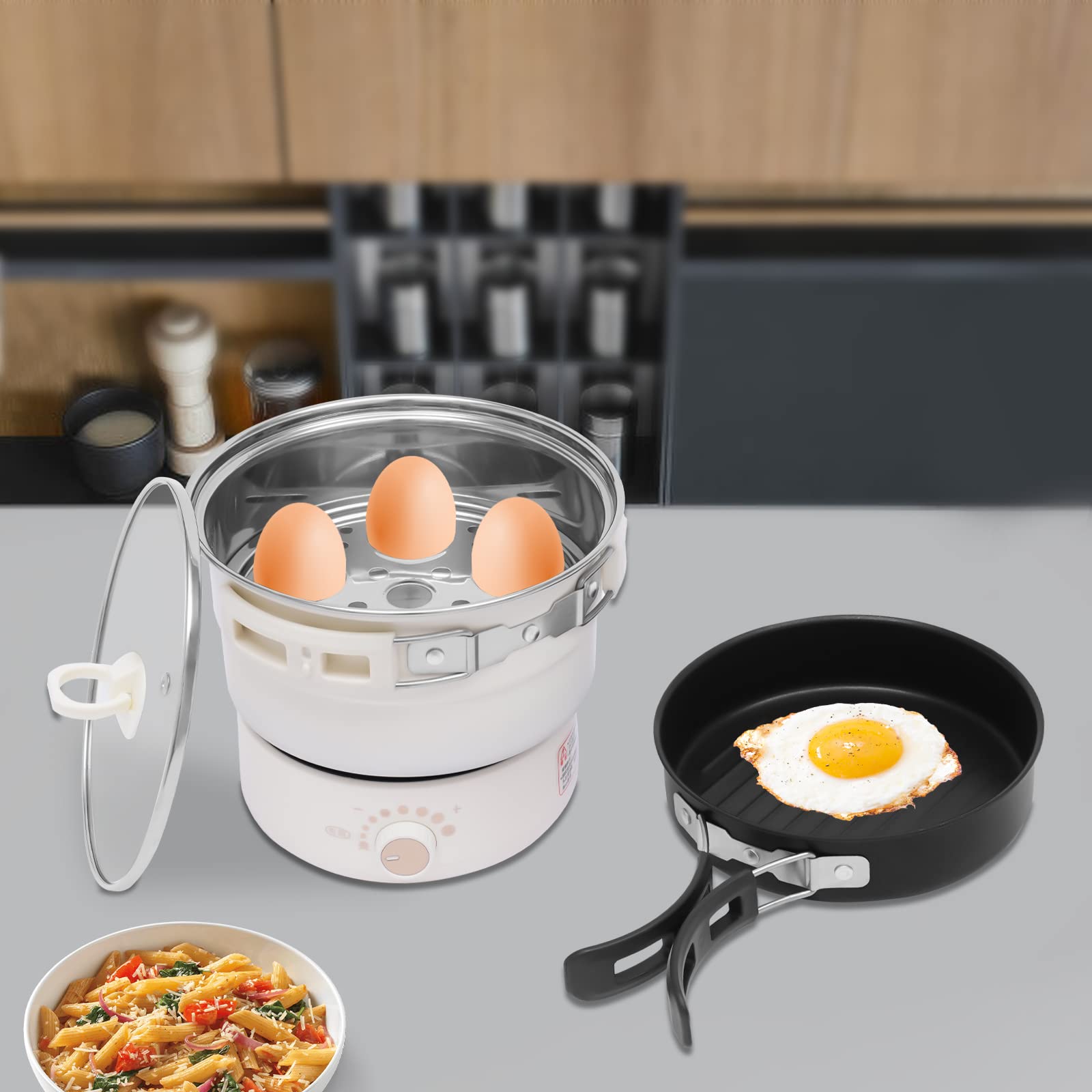 Portable Electric Mini Hot Pot with Foldable Handles - Non-Stick Multi-Functional Cooker for Ramen, Pasta, Oatmeal, Soup & Steak - Adjustable Temperature (1-2 Person) - Perfect for Dorm, Office, Travel & Small Kitchen (White)